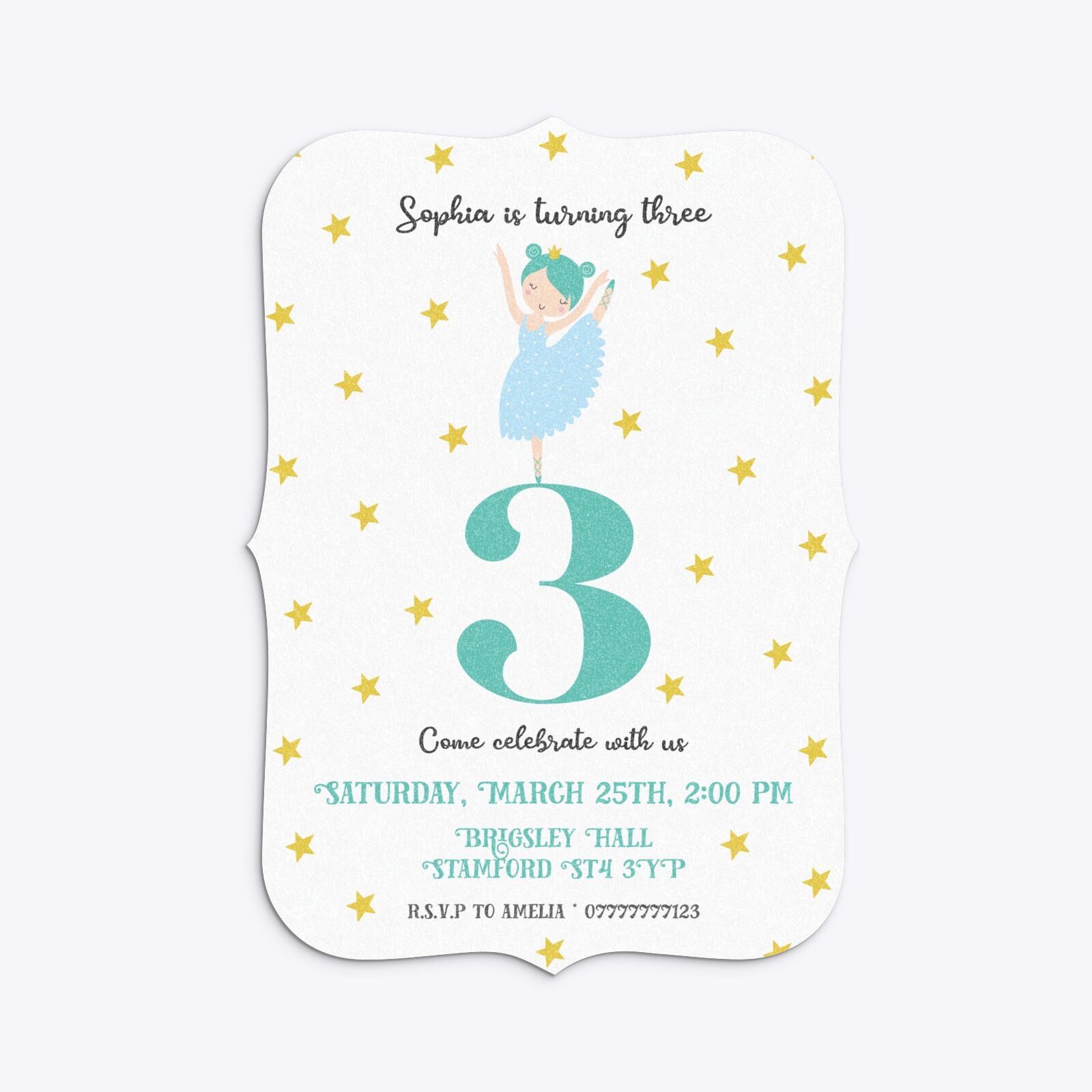 Girls Personalised Birthday Ballerina Bracket Invitation Glitter