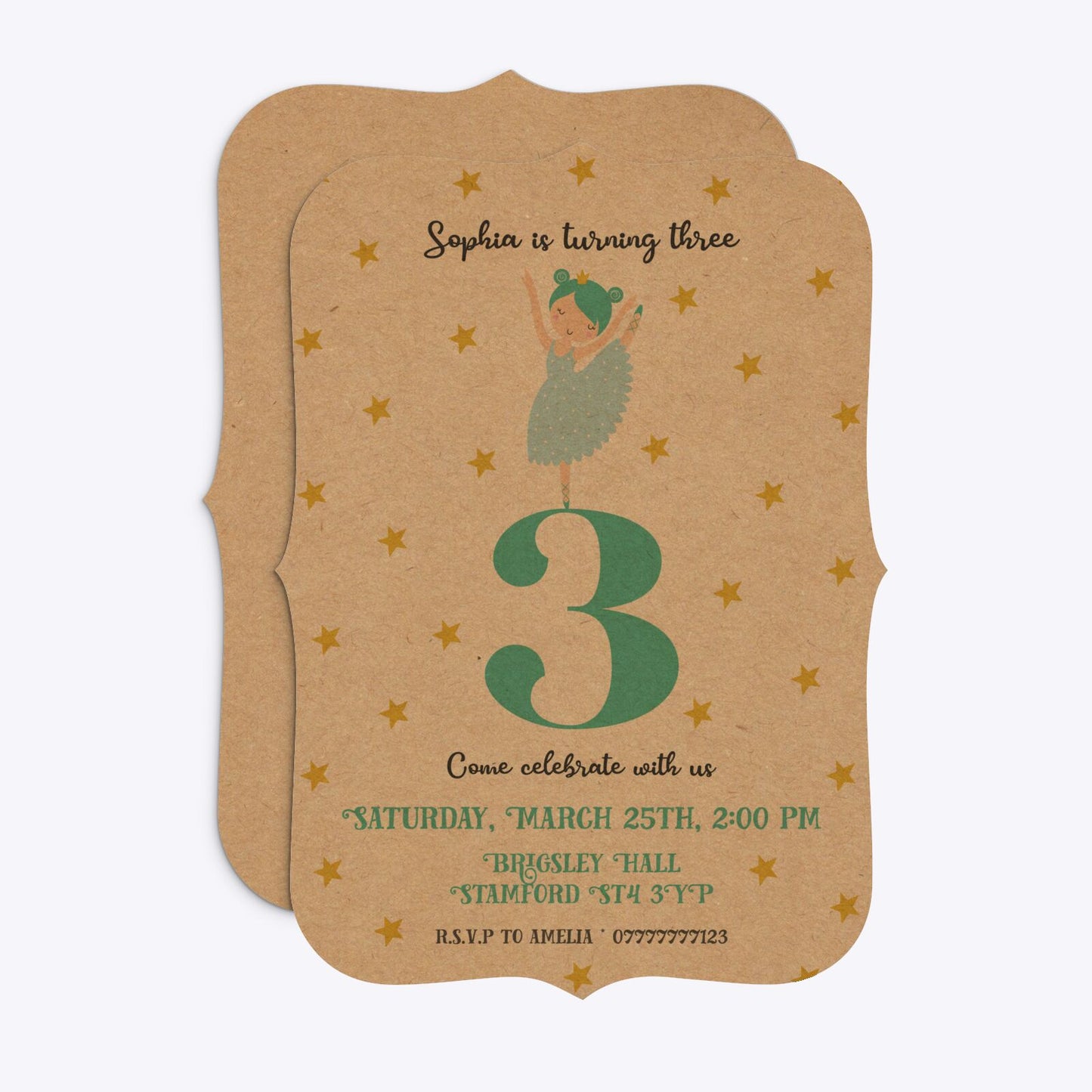 Girls Personalised Birthday Ballerina Bracket Invitation Kraft Front and Back Image