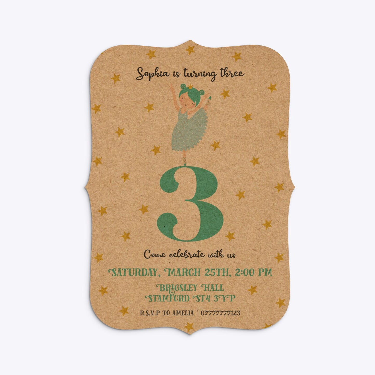 Girls Personalised Birthday Ballerina Bracket Invitation Kraft