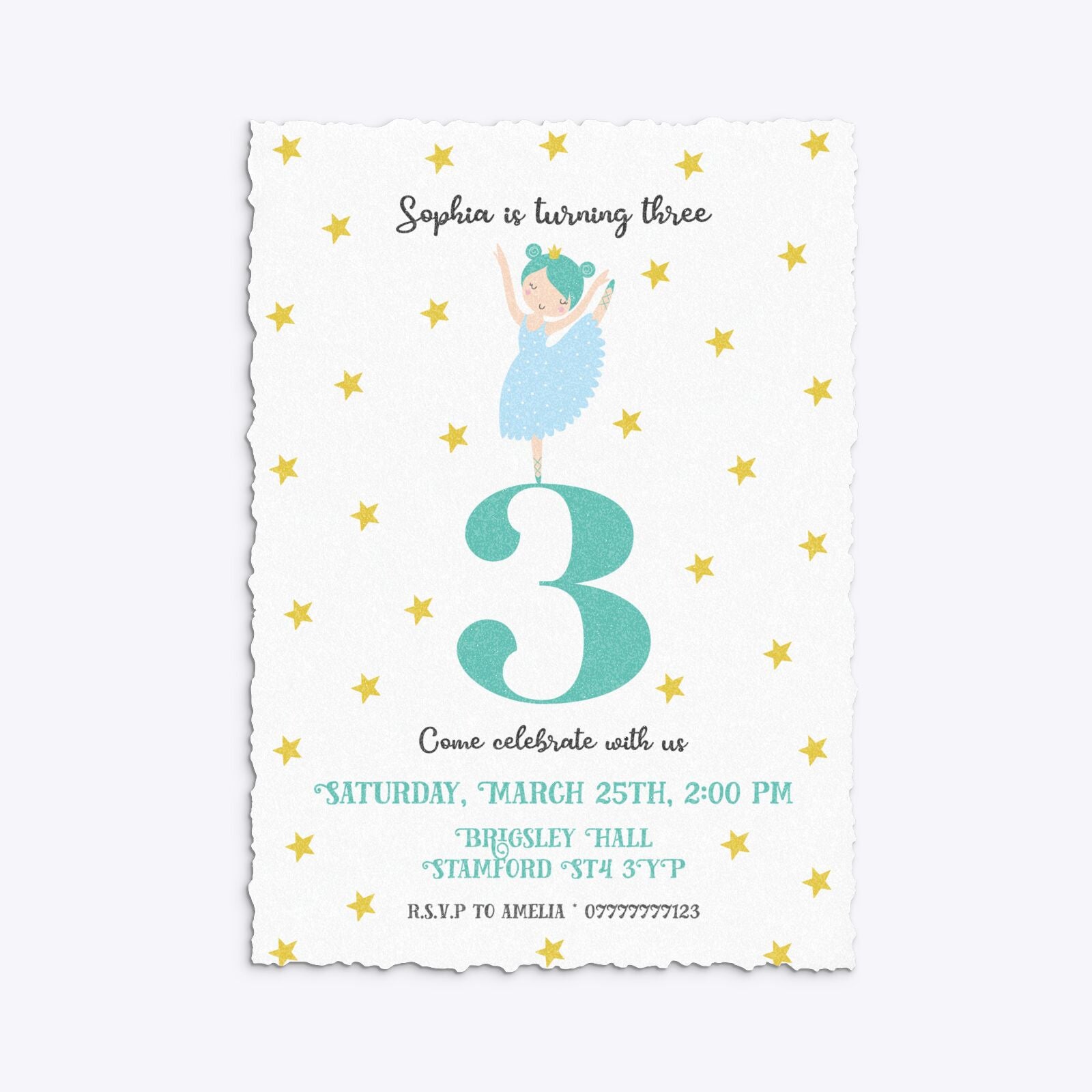 Girls Personalised Birthday Ballerina Deckle Invitation Glitter