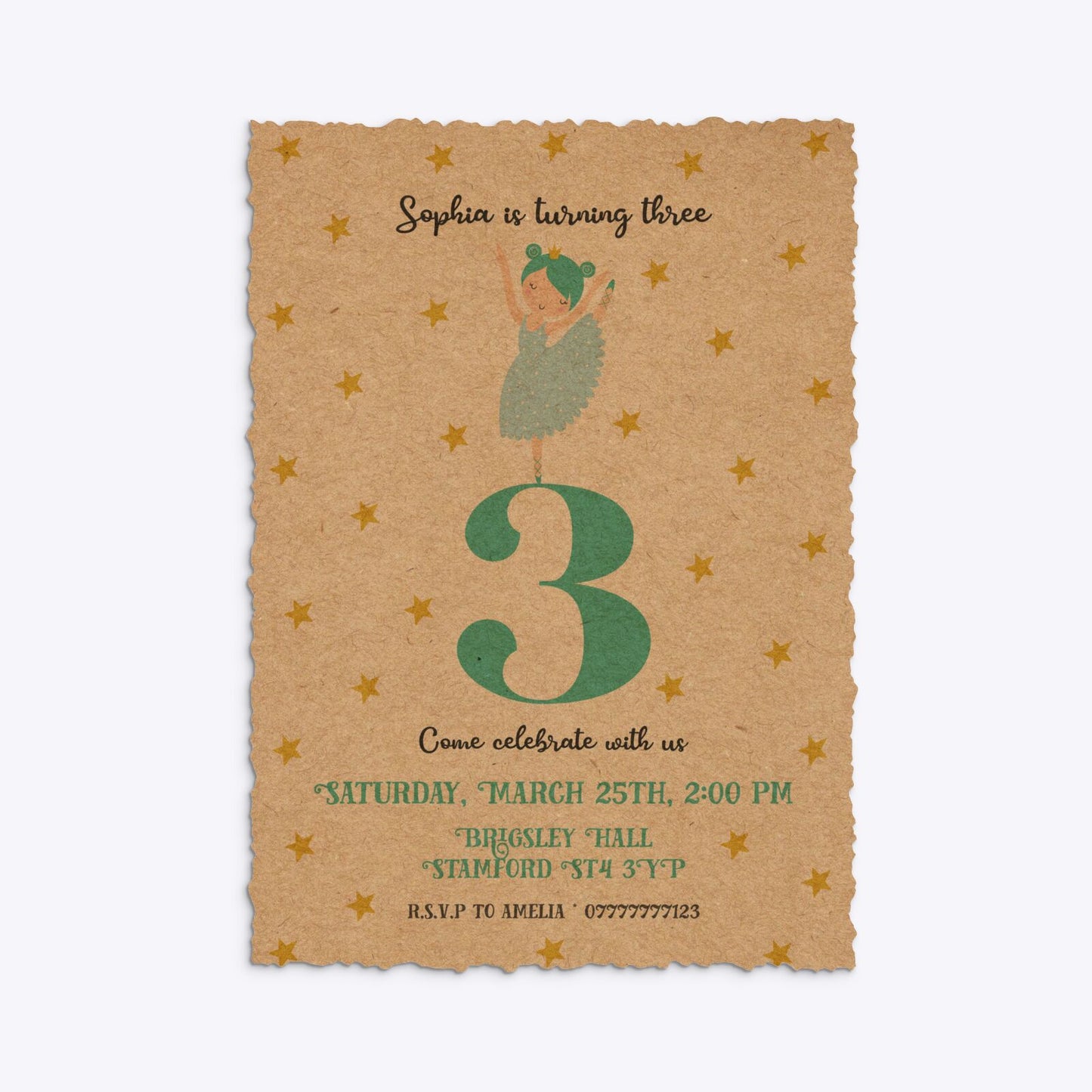 Girls Personalised Birthday Ballerina Deckle Invitation Kraft