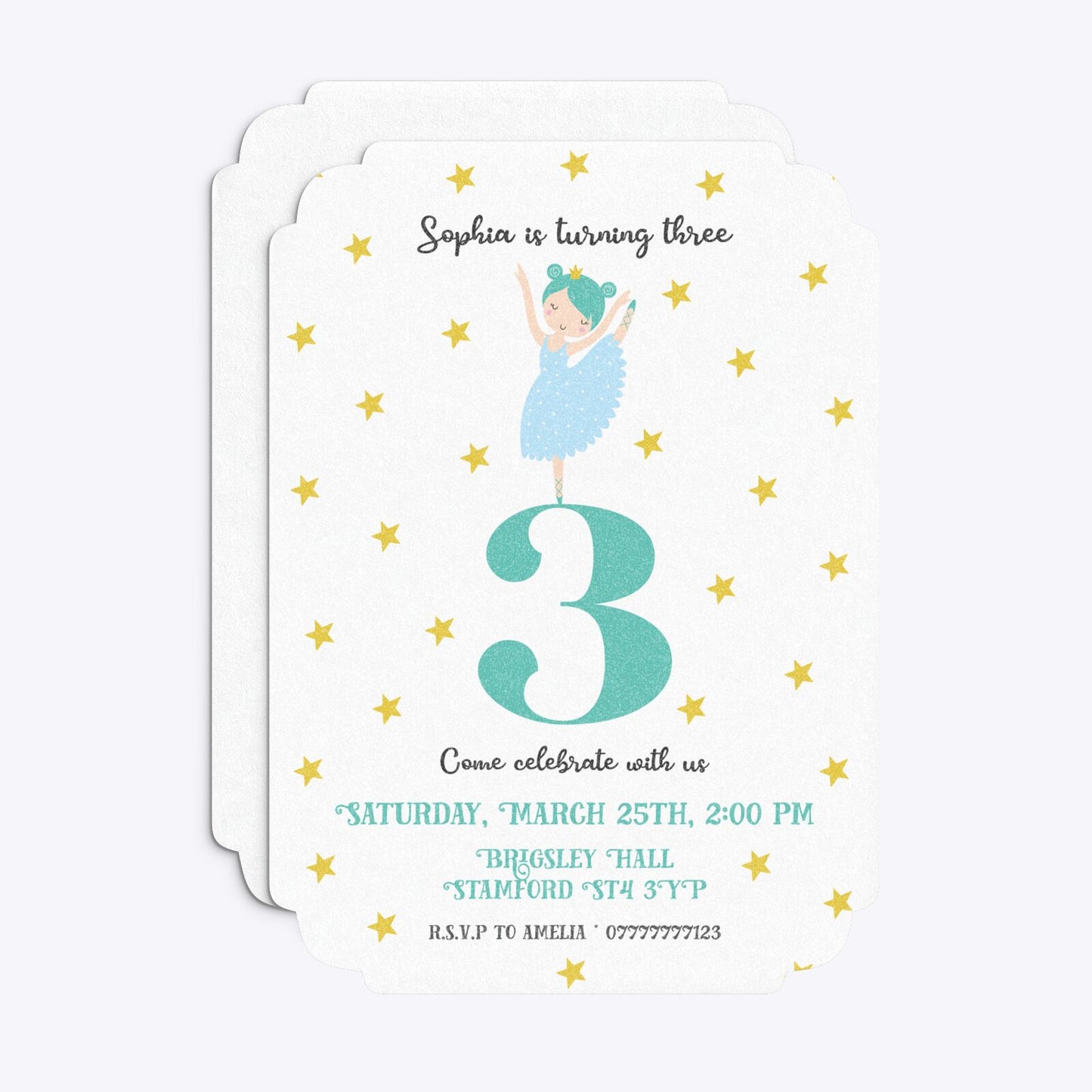 Girls Personalised Birthday Ballerina Deco Invitation Glitter Front and Back Image