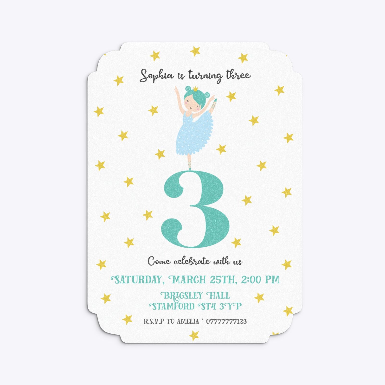 Girls Personalised Birthday Ballerina Deco Invitation Glitter