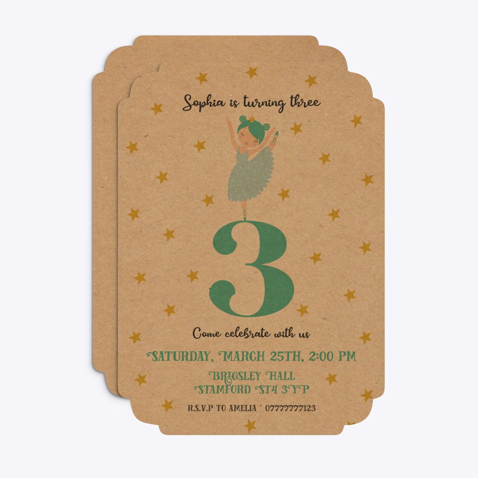 Girls Personalised Birthday Ballerina Deco Invitation Kraft Front and Back Image