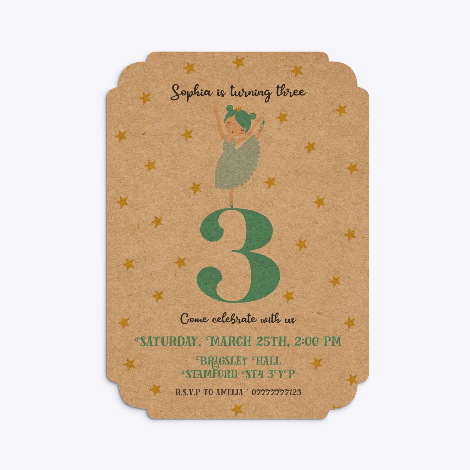 Girls Personalised Birthday Ballerina Deco Invitation Kraft