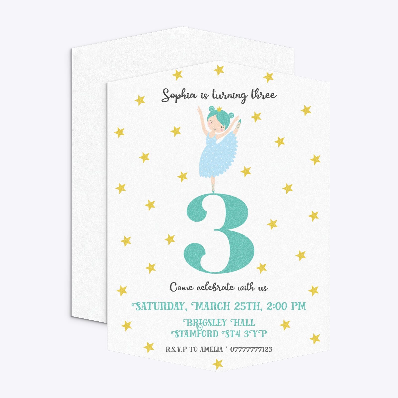 Girls Personalised Birthday Ballerina Geo Invitation Glitter Front and Back Image