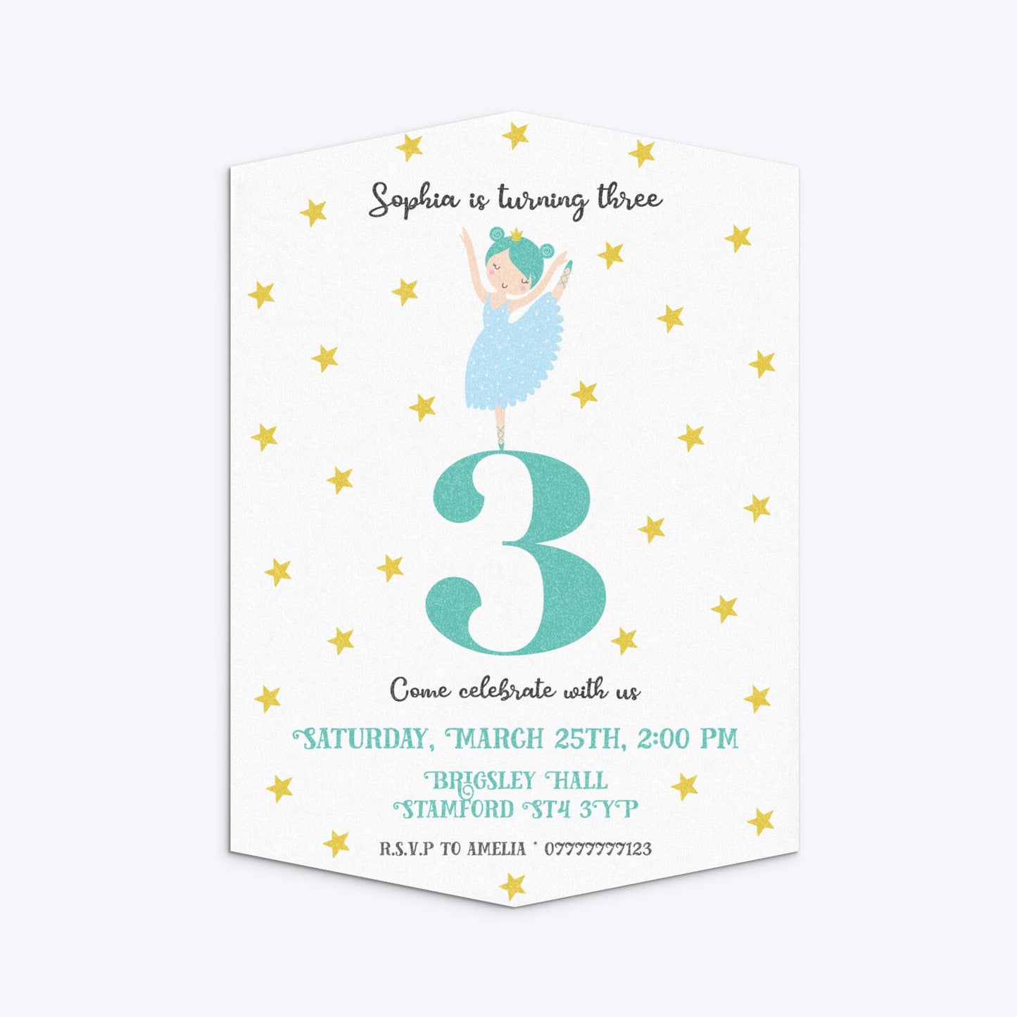 Girls Personalised Birthday Ballerina Geo Invitation Glitter