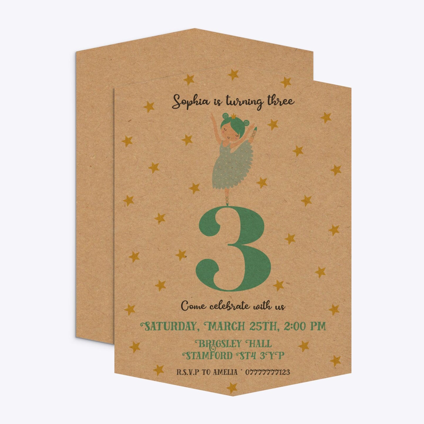 Girls Personalised Birthday Ballerina Geo Invitation Kraft Front and Back Image