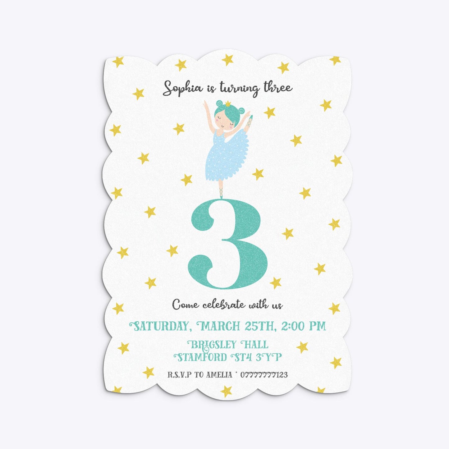 Girls Personalised Birthday Ballerina Petal Invitation Glitter