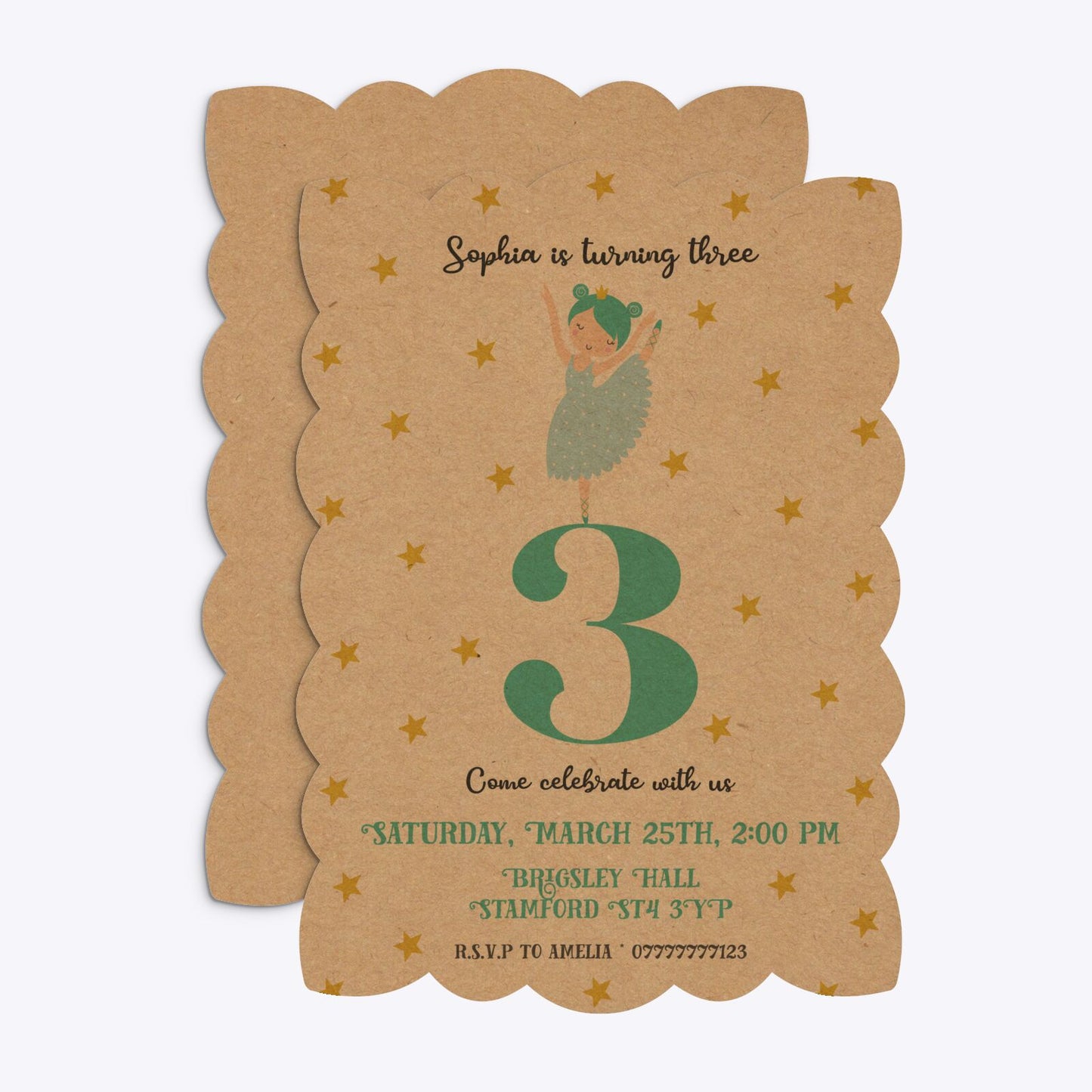 Girls Personalised Birthday Ballerina Petal Invitation Kraft Front and Back Image