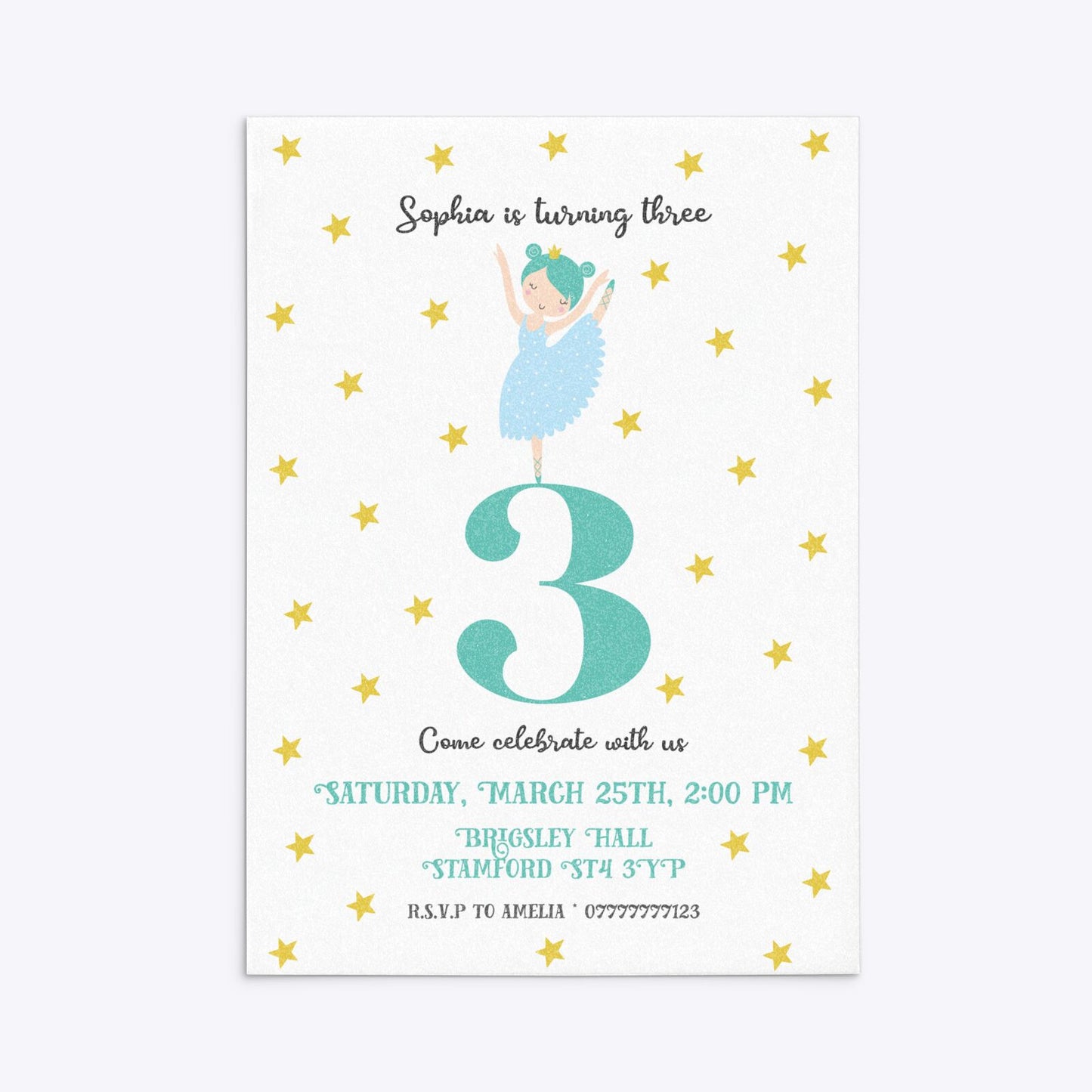 Girls Personalised Birthday Ballerina Rectangle Invitation Glitter