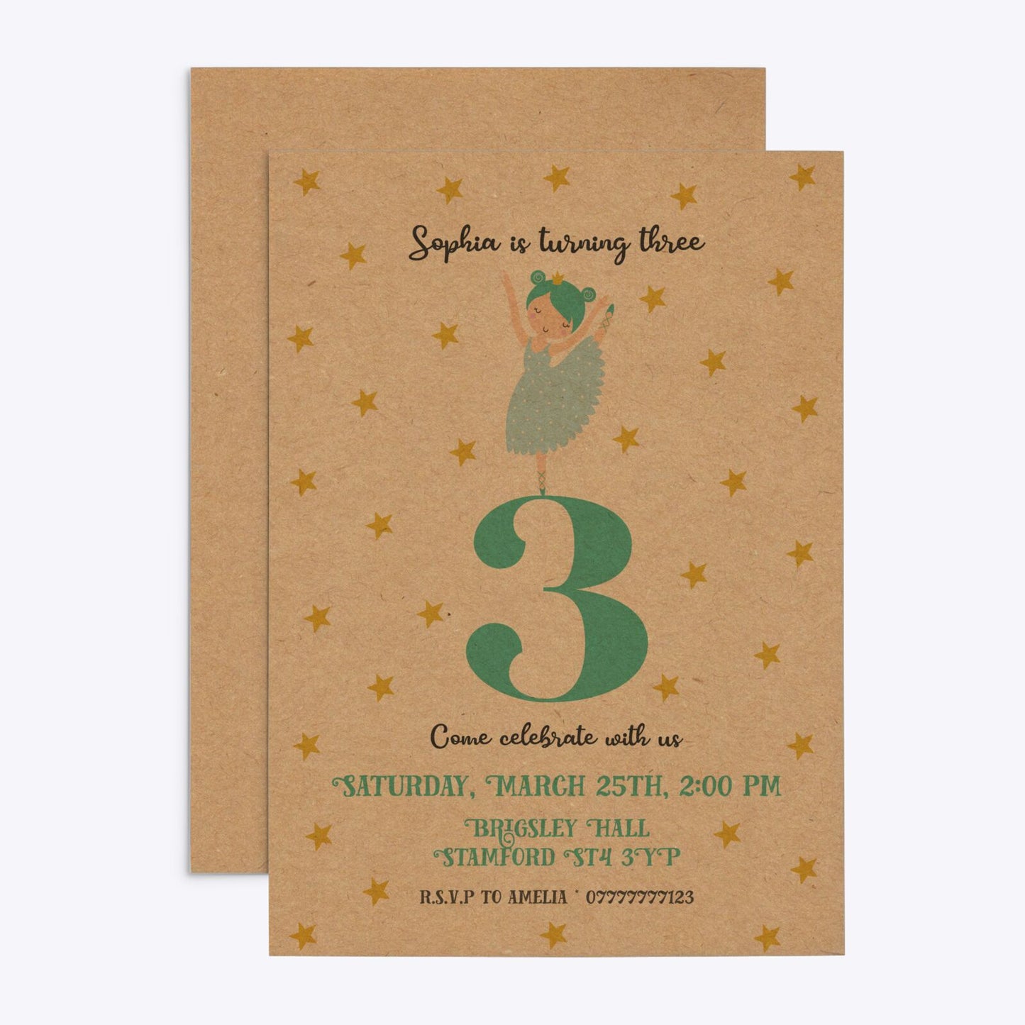 Girls Personalised Birthday Ballerina Rectangle Invitation Kraft Front and Back Image