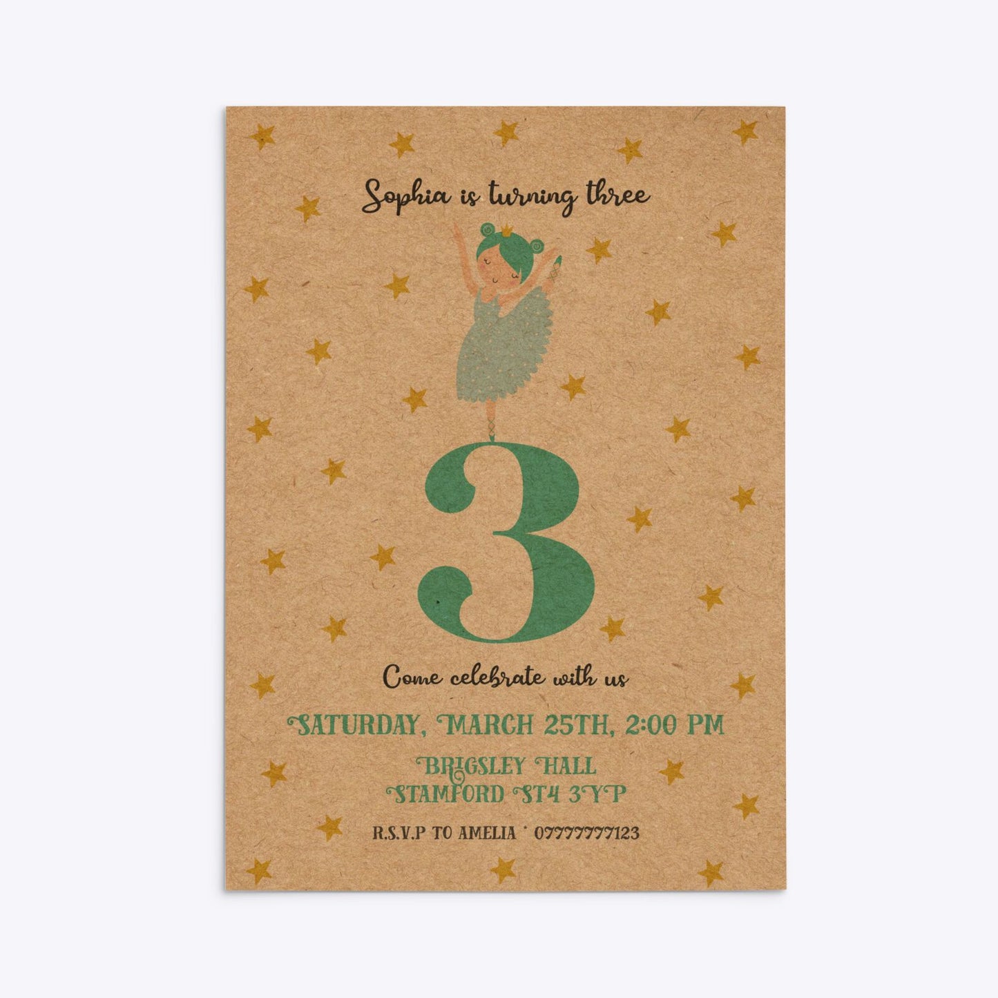 Girls Personalised Birthday Ballerina Rectangle Invitation Kraft