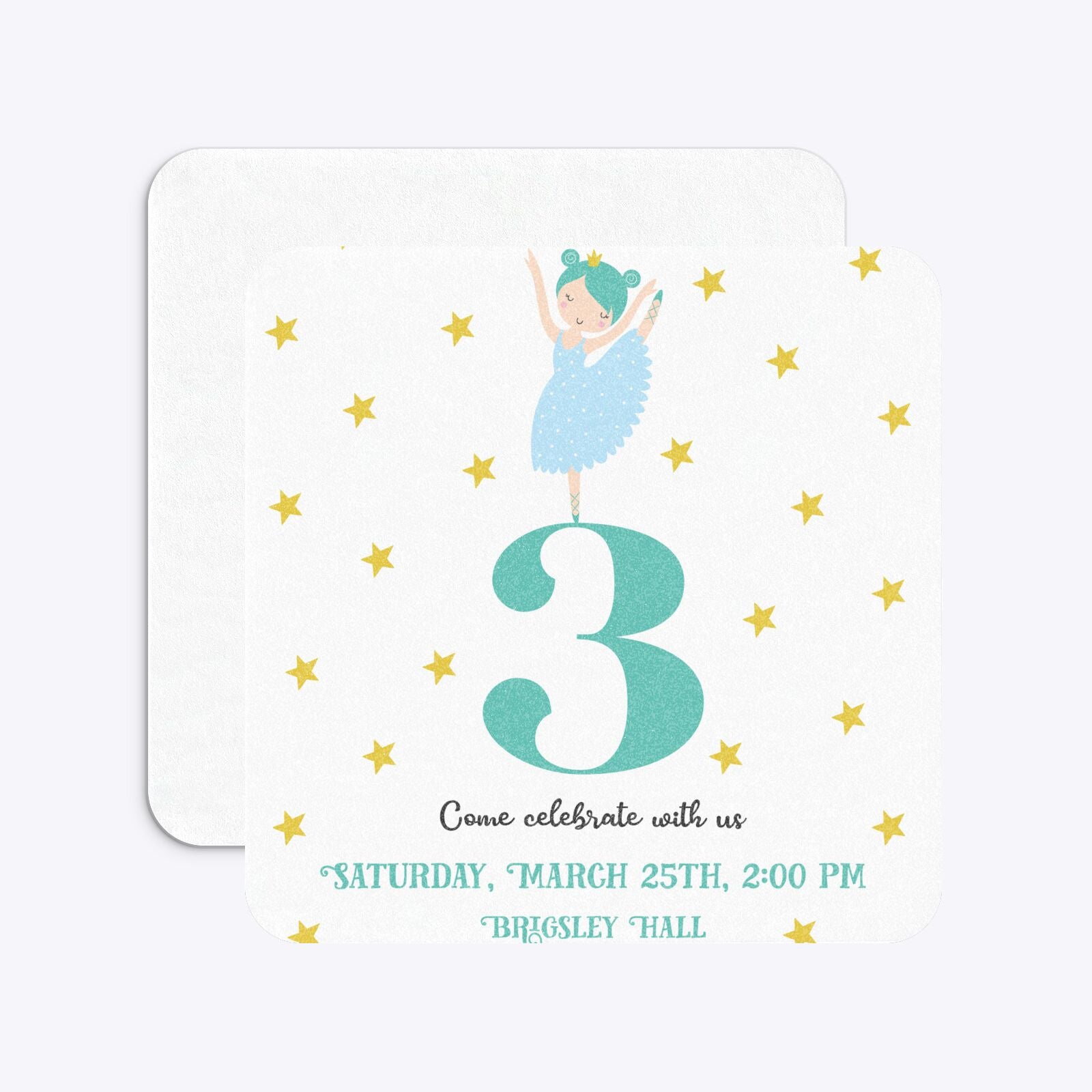 Girls Personalised Birthday Ballerina Rounded 5 25x5 25 Invitation Glitter Front and Back Image