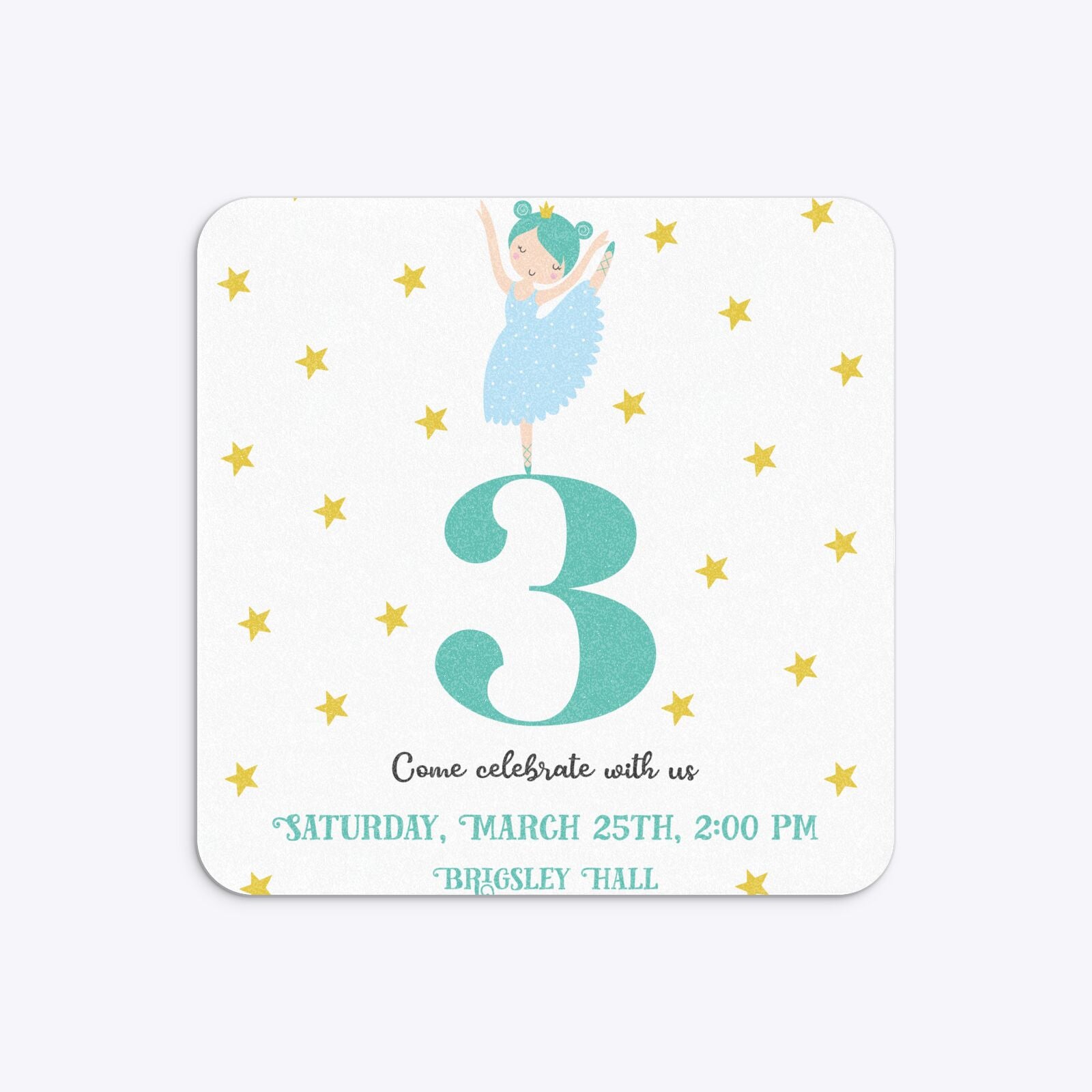 Girls Personalised Birthday Ballerina Rounded 5 25x5 25 Invitation Glitter