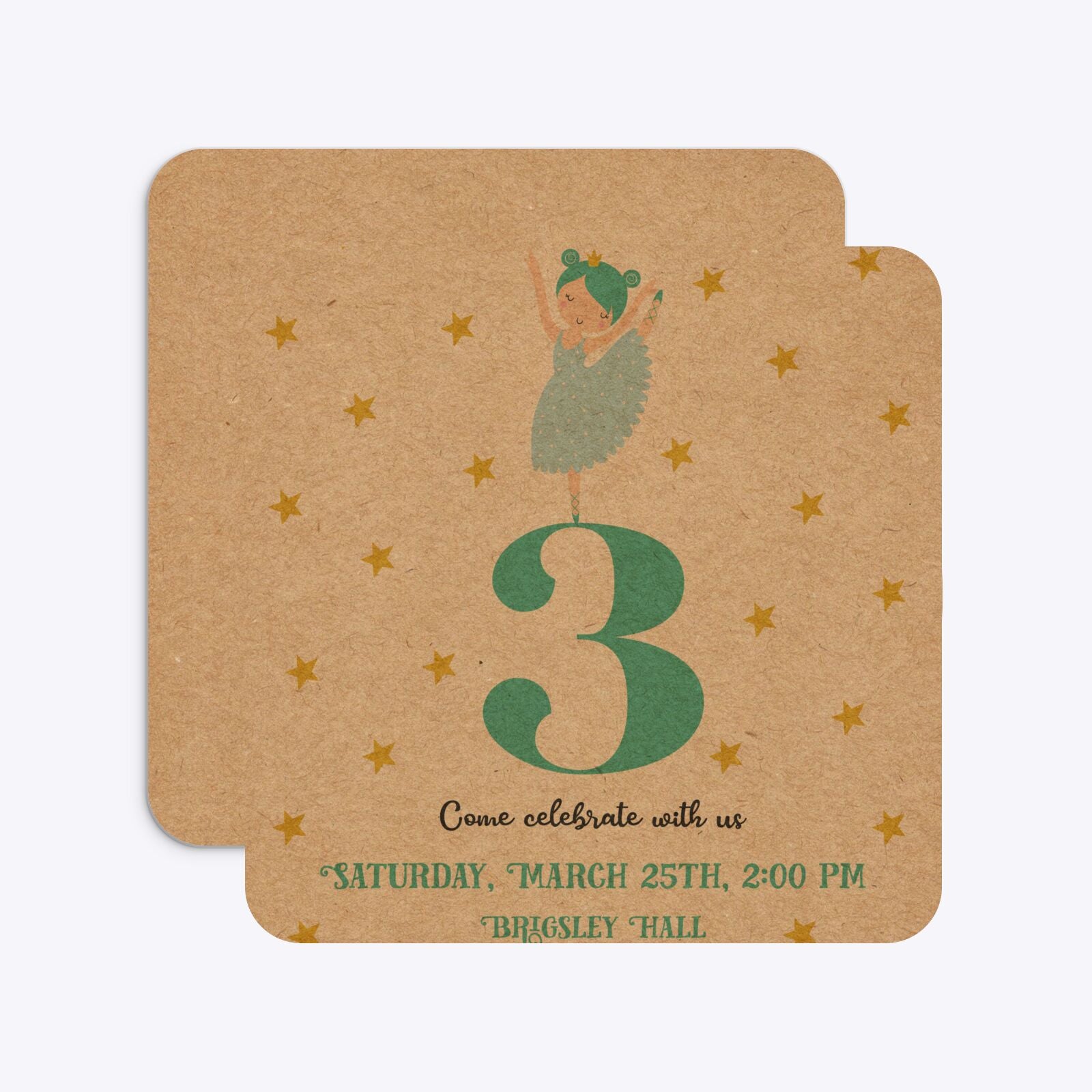 Girls Personalised Birthday Ballerina Rounded 5 25x5 25 Invitation Kraft Front and Back Image