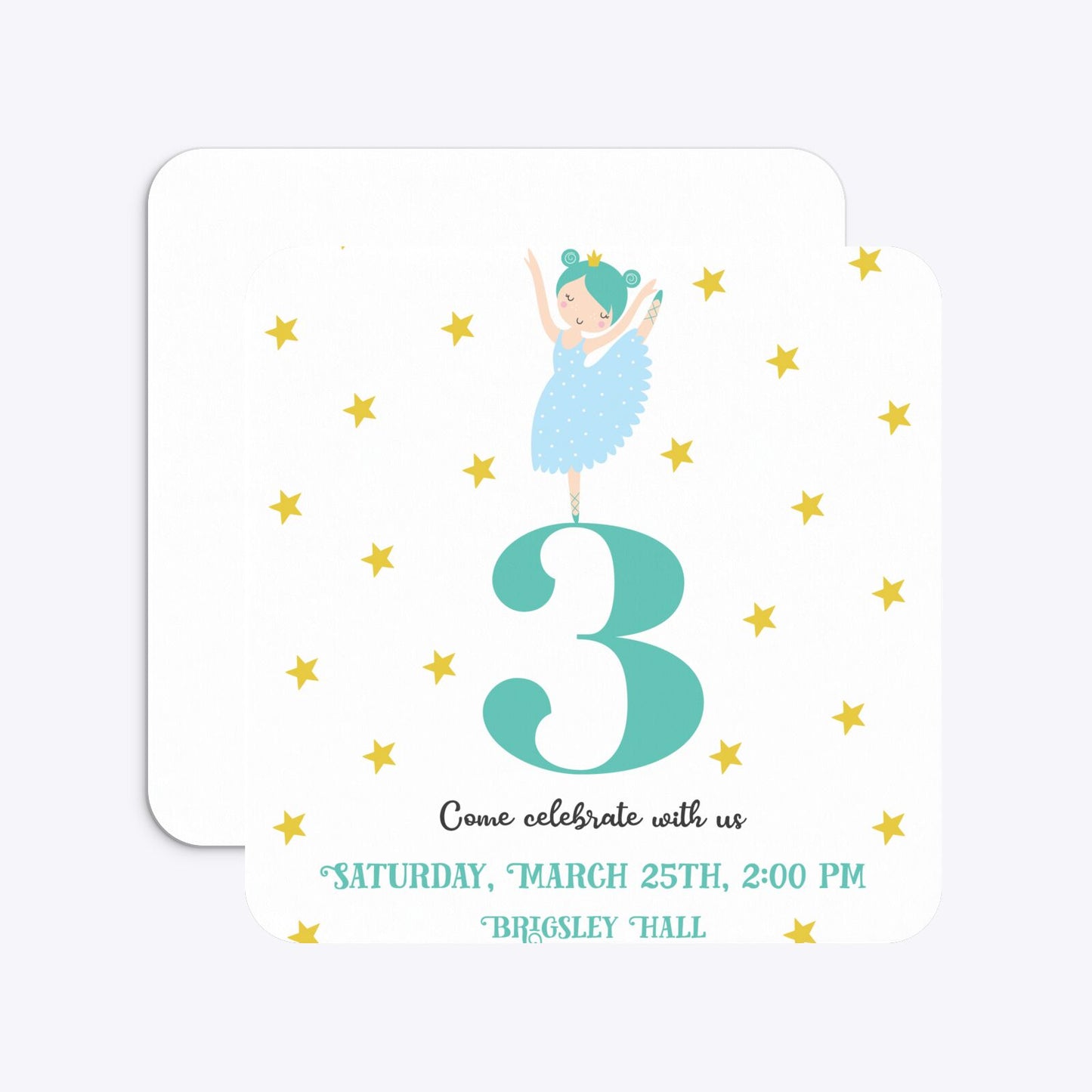 Girls Personalised Birthday Ballerina Rounded 5 25x5 25 Invitation Matte Paper Front and Back Image