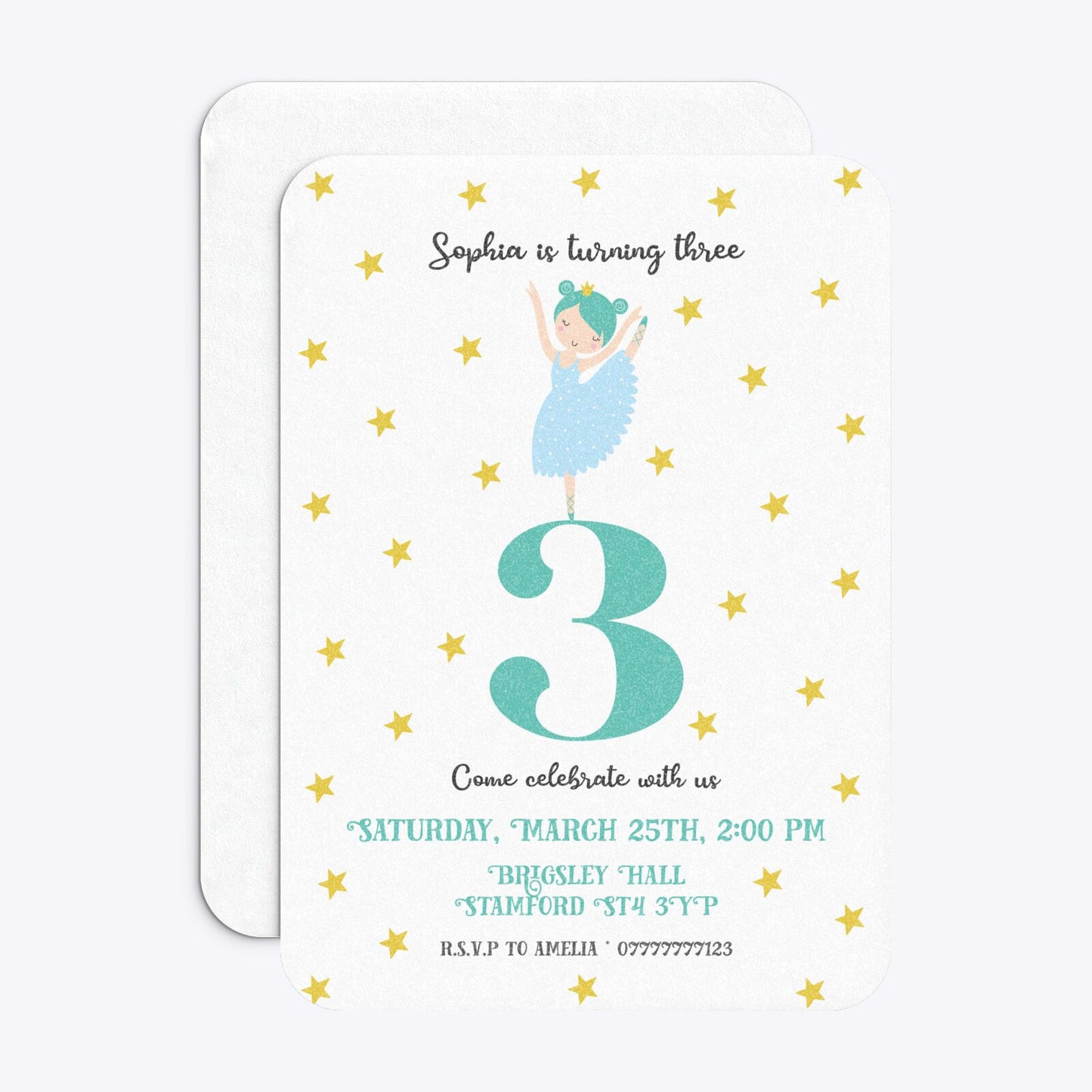 Girls Personalised Birthday Ballerina Rounded Invitation Glitter Front and Back Image