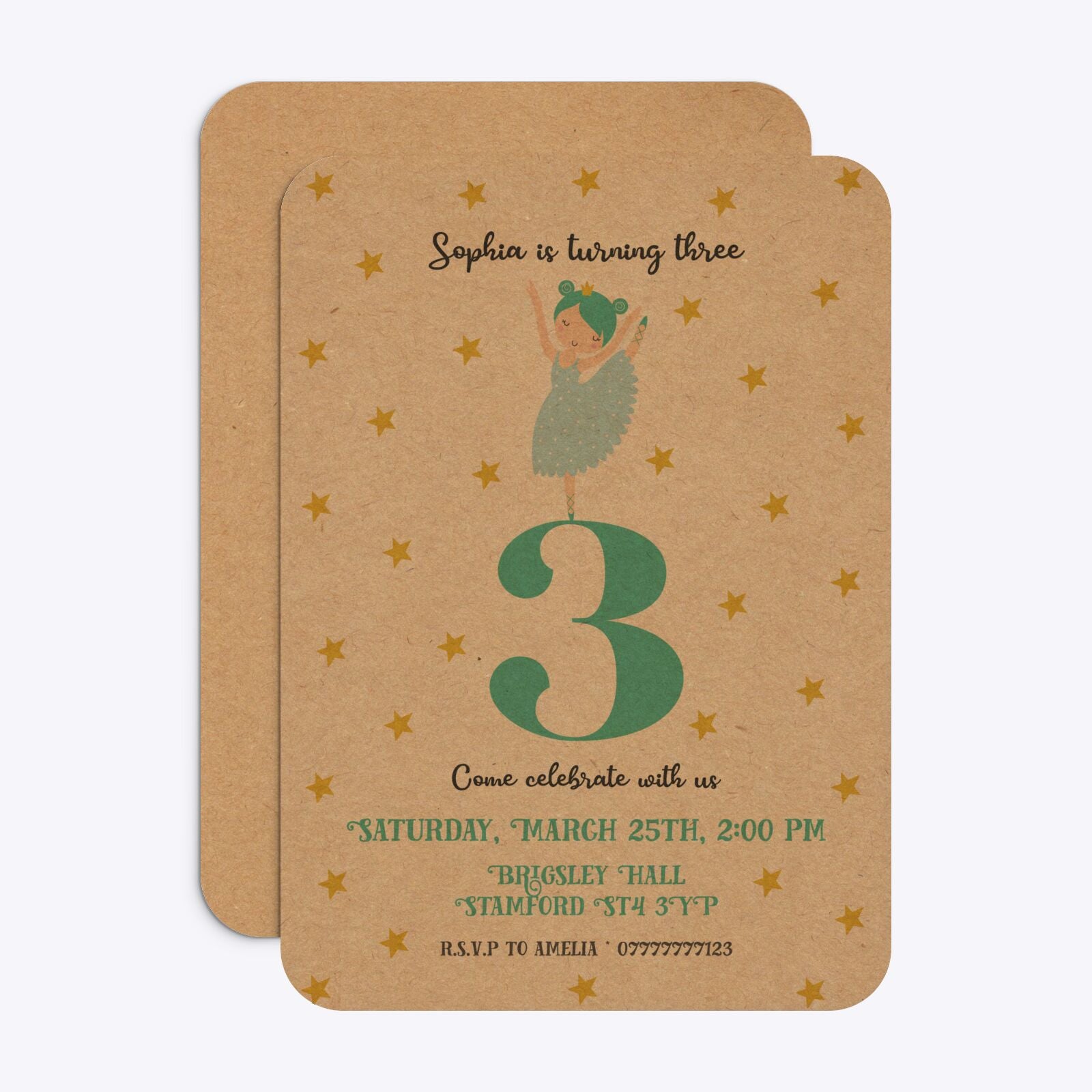 Girls Personalised Birthday Ballerina Rounded Invitation Kraft Front and Back Image