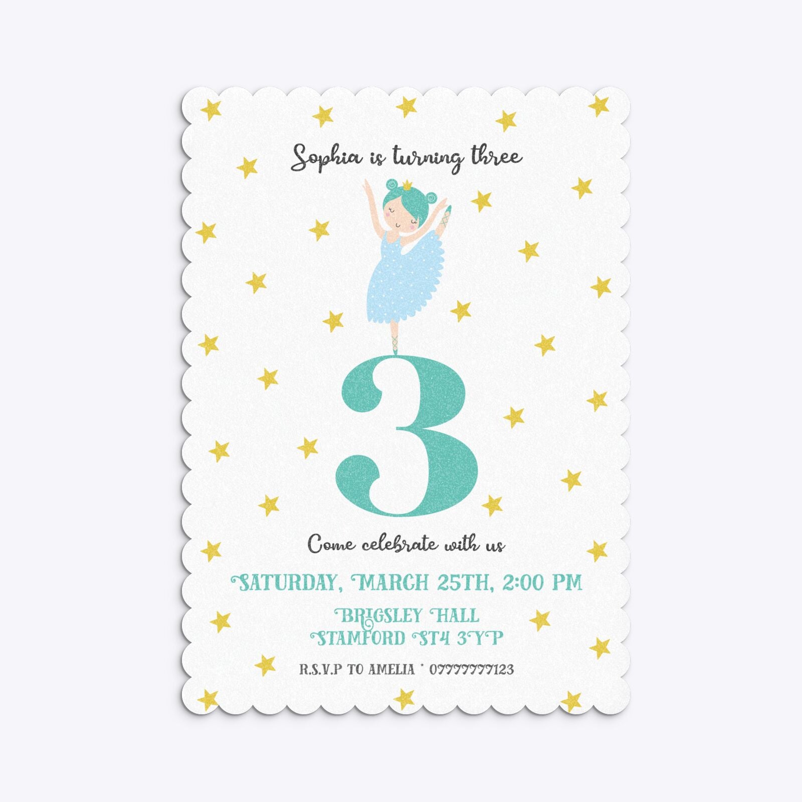 Girls Personalised Birthday Ballerina Scalloped Invitation Glitter