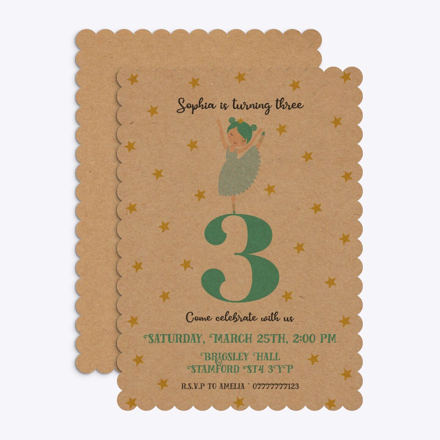 Girls Personalised Birthday Ballerina Scalloped Invitation Kraft Front and Back Image