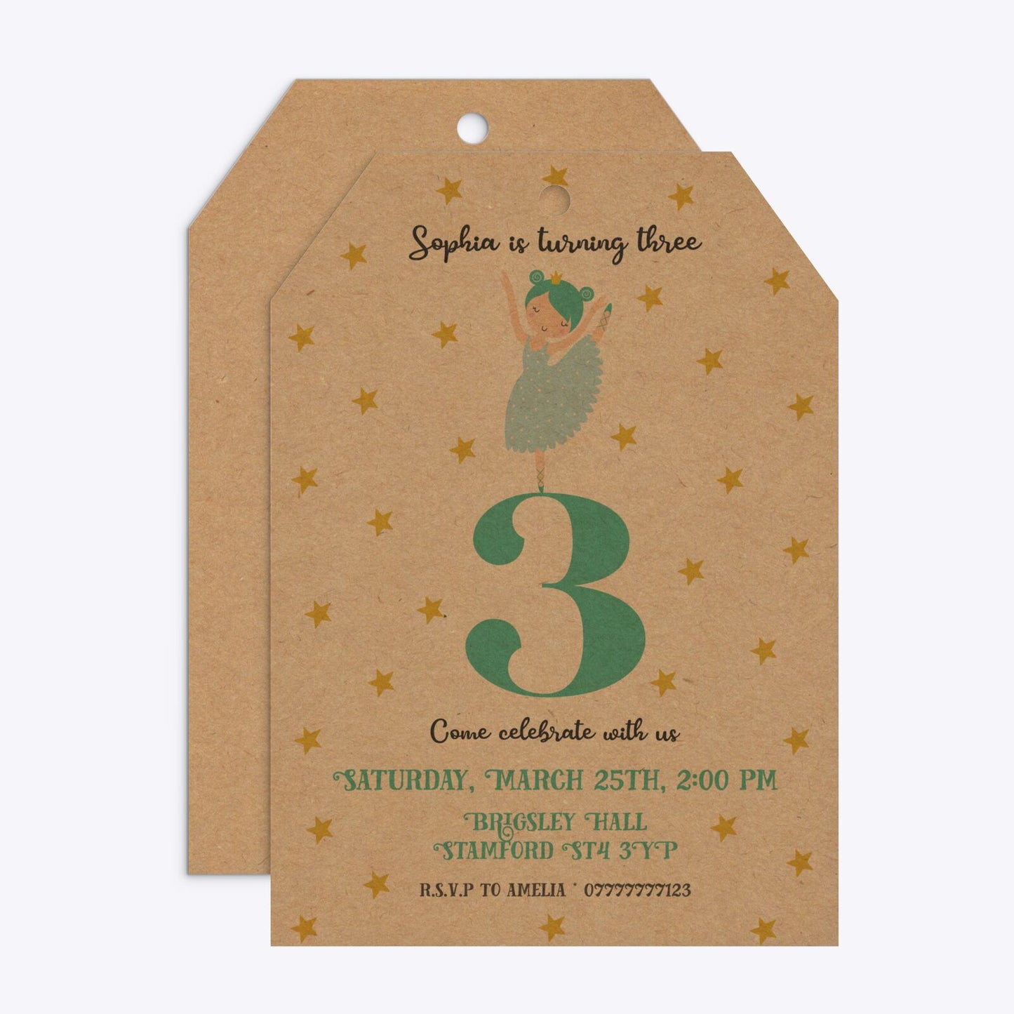 Girls Personalised Birthday Ballerina Tag Invitation Kraft Front and Back Image