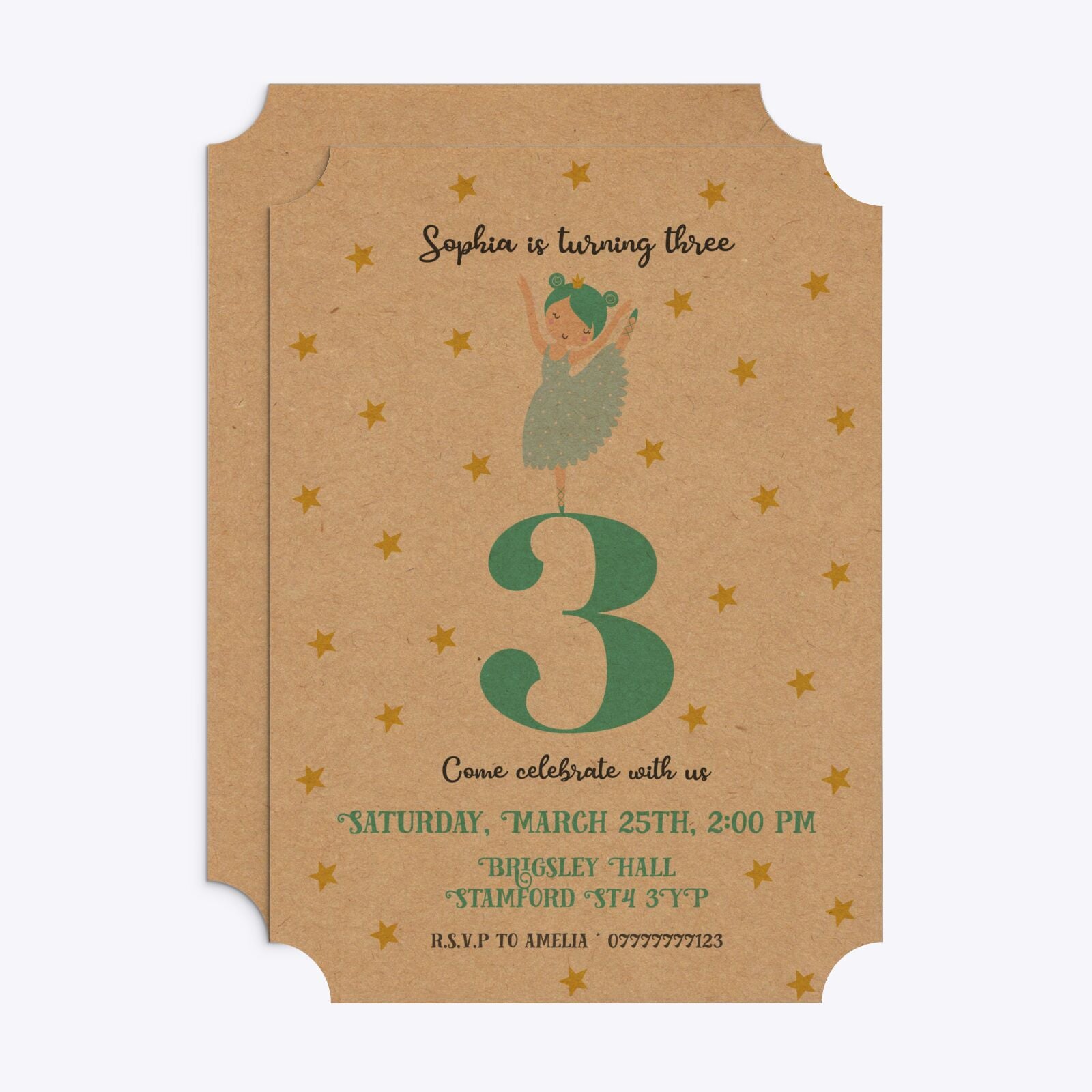 Girls Personalised Birthday Ballerina Ticket Invitation Kraft Front and Back Image