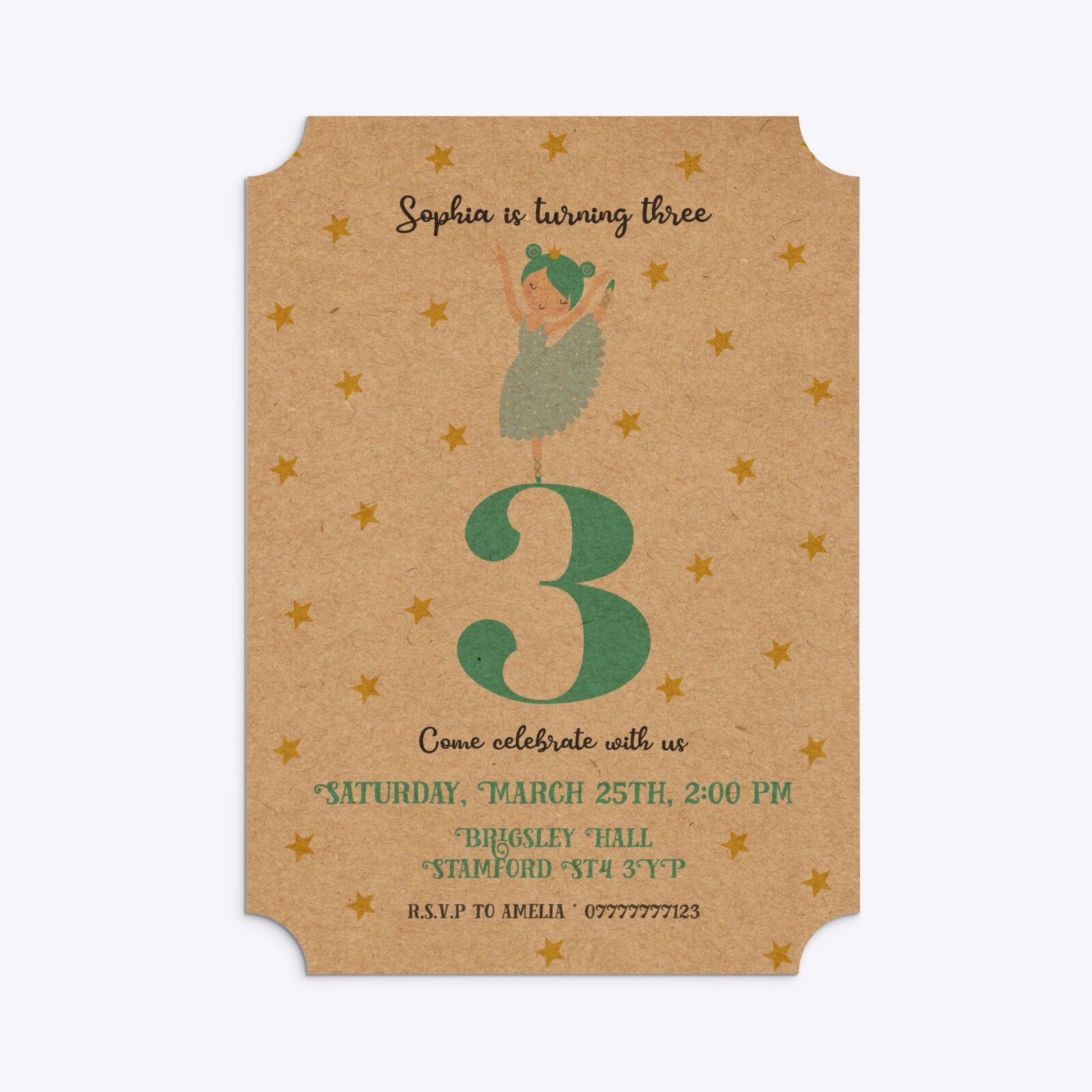 Girls Personalised Birthday Ballerina Ticket Invitation Kraft