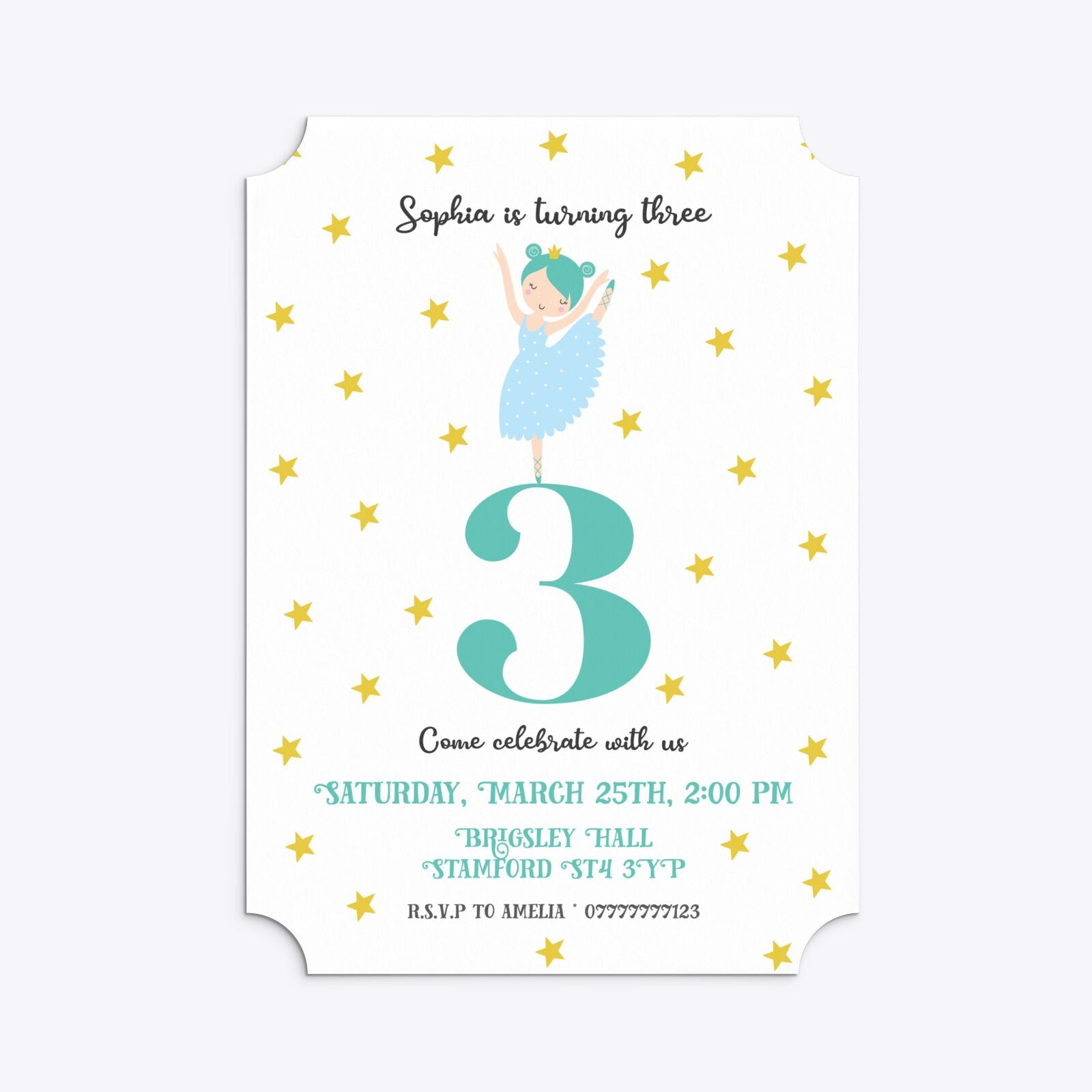 Girls Personalised Birthday Ballerina Ticket Invitation Matte Paper