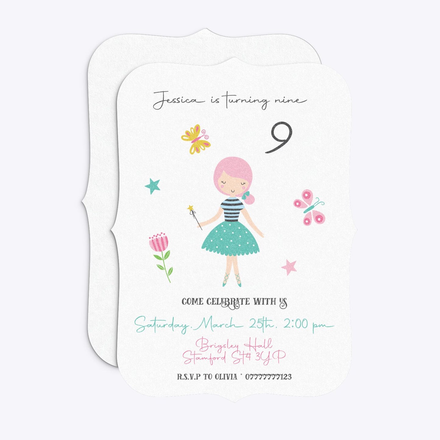 Girls Personalised Birthday Bracket Invitation Glitter Front and Back Image