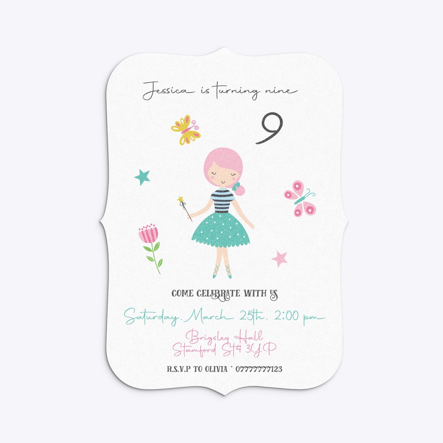 Girls Personalised Birthday Bracket Invitation Glitter