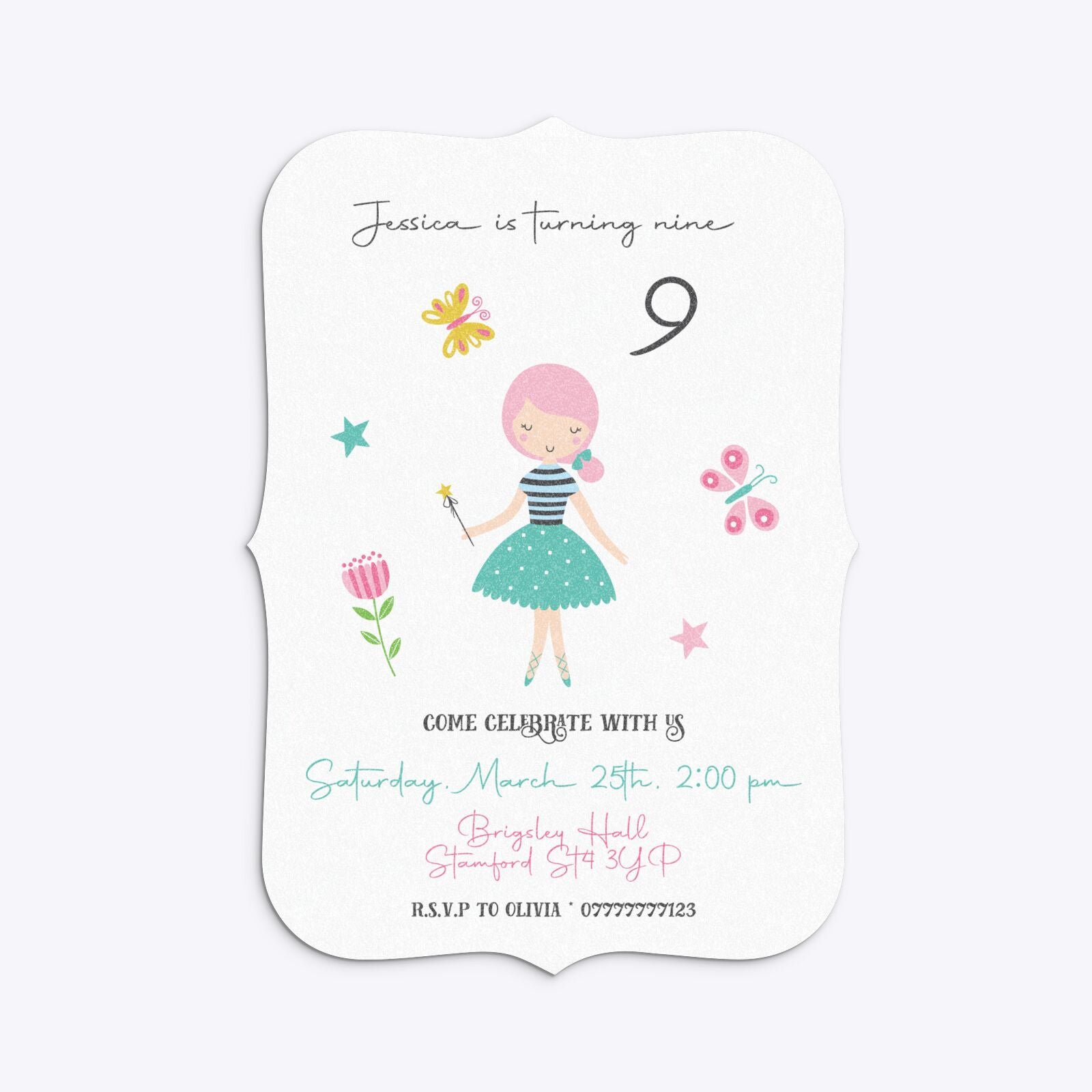 Girls Personalised Birthday Bracket Invitation Glitter