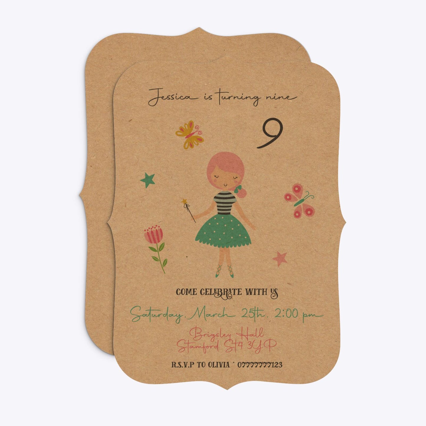 Girls Personalised Birthday Bracket Invitation Kraft Front and Back Image