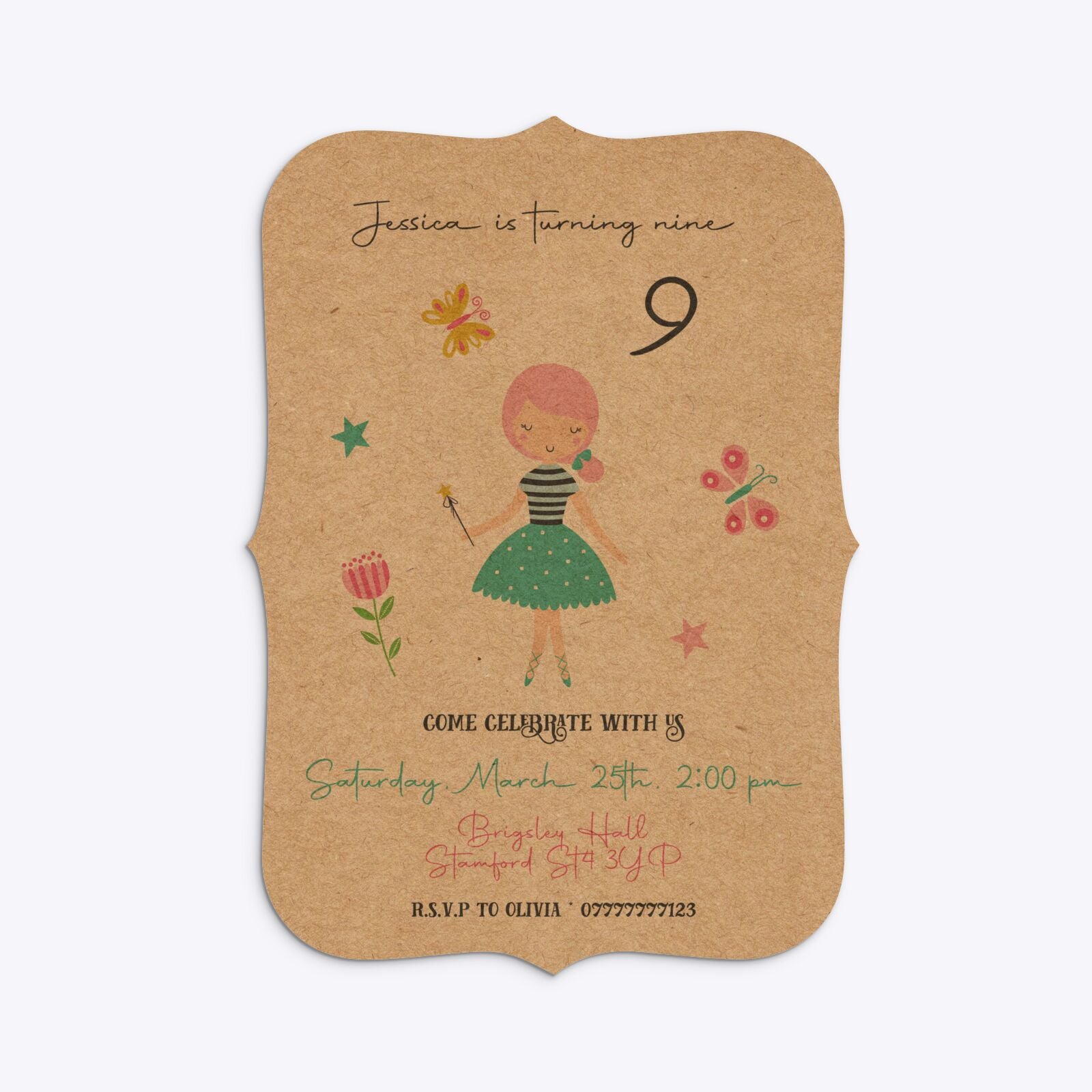 Girls Personalised Birthday Bracket Invitation Kraft