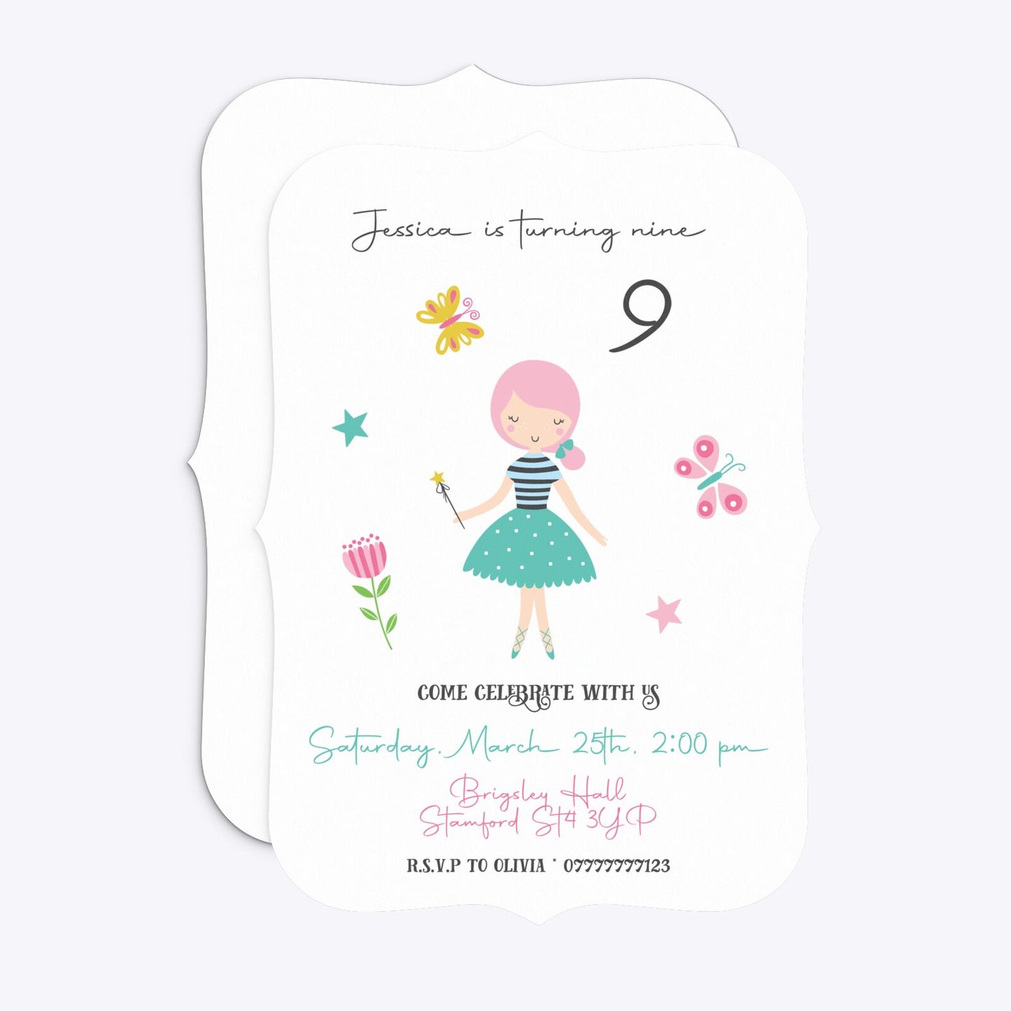 Girls Personalised Birthday Bracket Invitation Matte Paper Front and Back Image