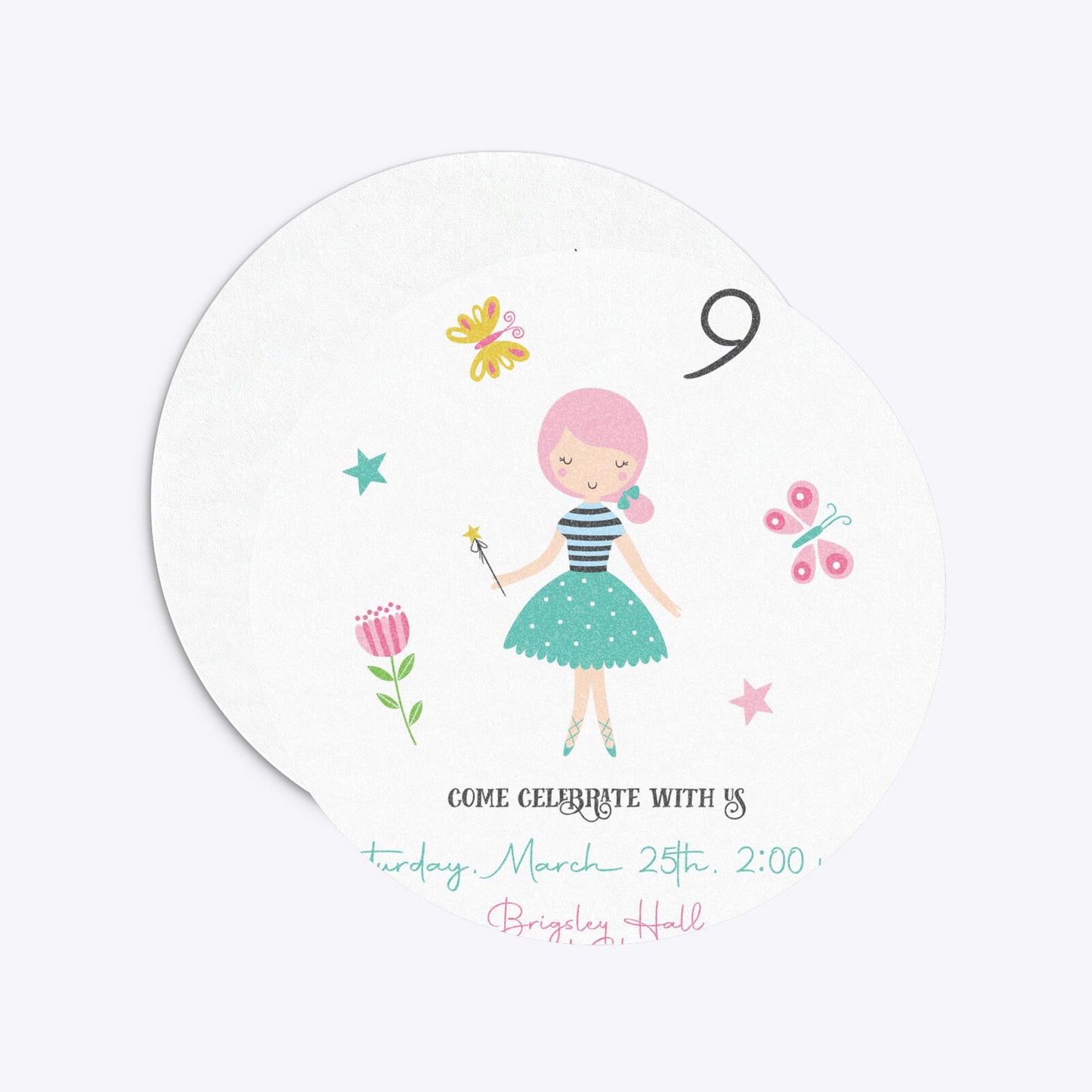 Girls Personalised Birthday Circle 5 25x5 25 Invitation Glitter Front and Back Image