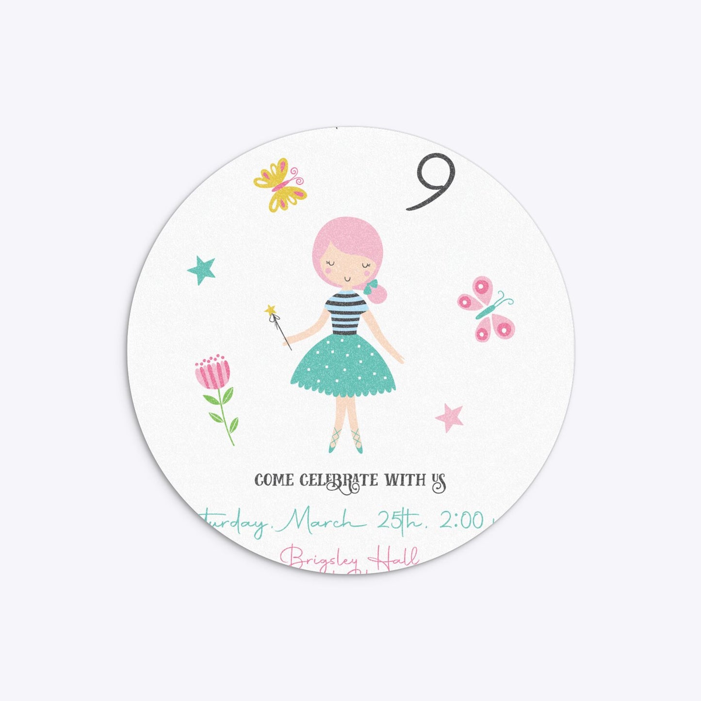 Girls Personalised Birthday Circle 5 25x5 25 Invitation Glitter