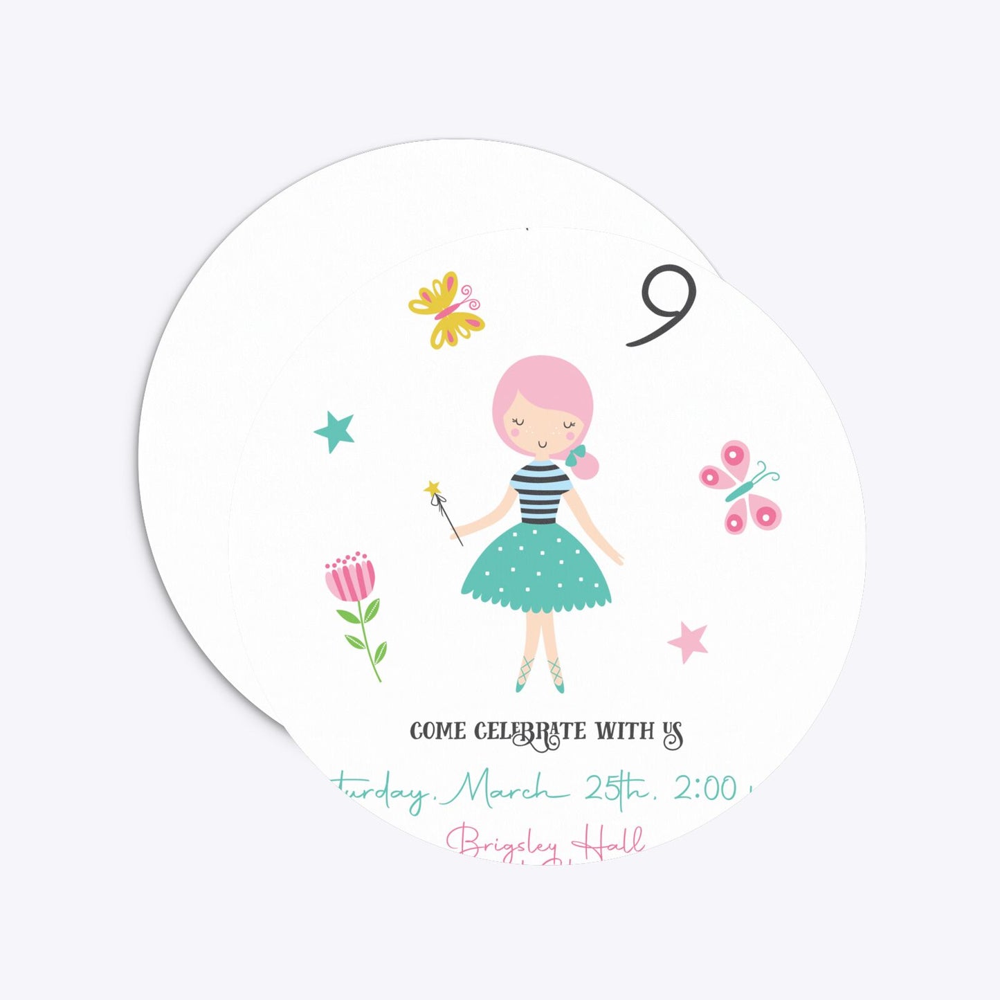 Girls Personalised Birthday Circle 5 25x5 25 Invitation Matte Paper Front and Back Image