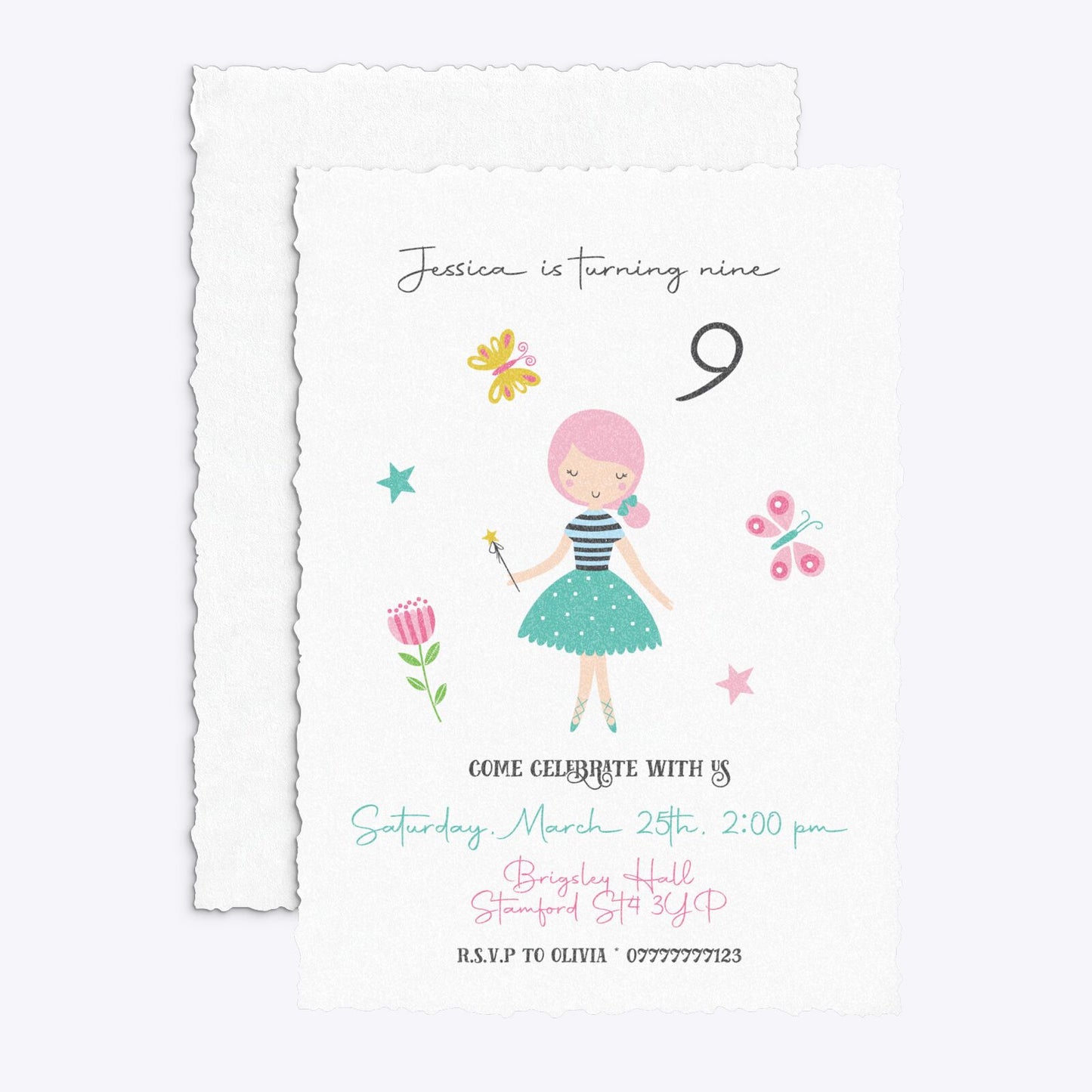 Girls Personalised Birthday Deckle Invitation Glitter Front and Back Image