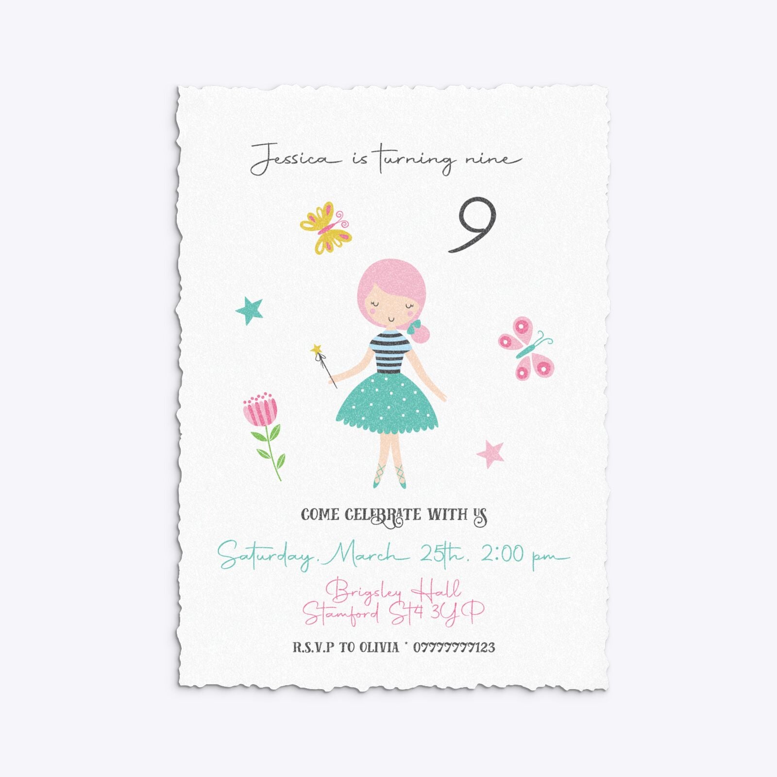 Girls Personalised Birthday Deckle Invitation Glitter