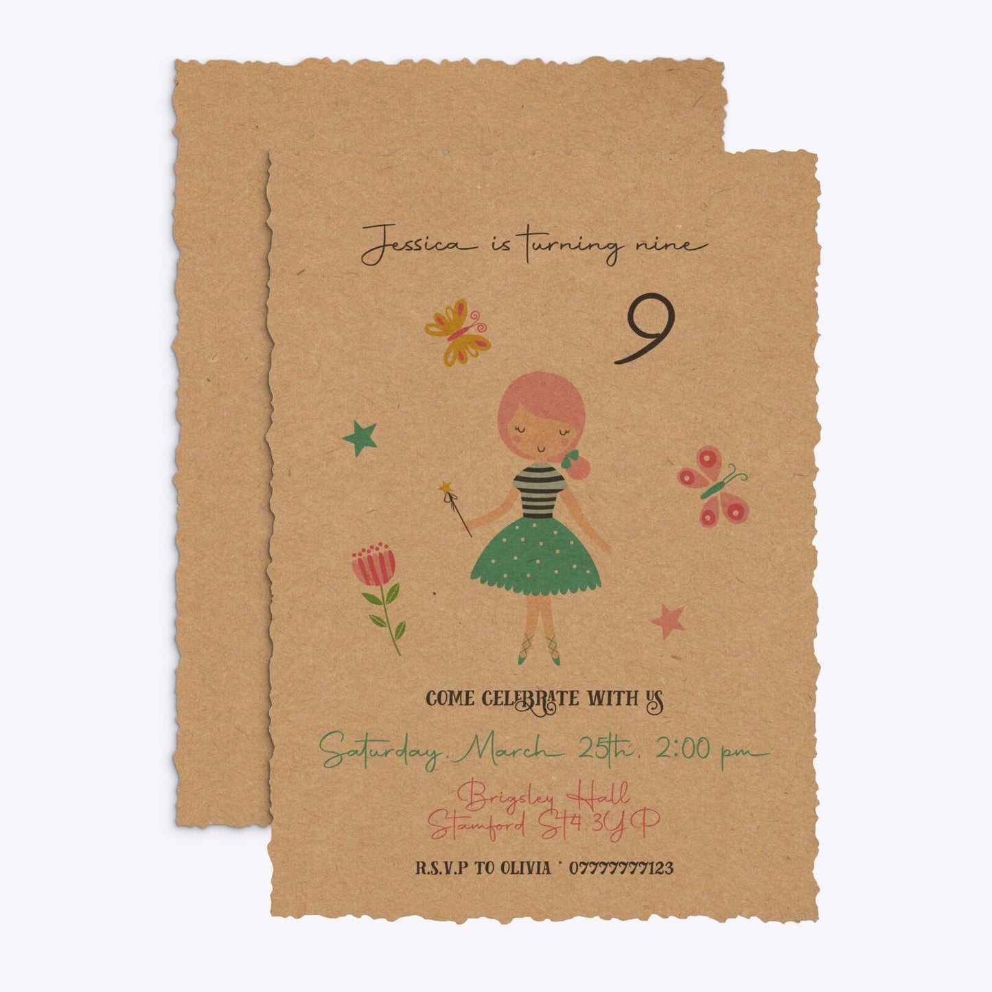 Girls Personalised Birthday Deckle Invitation Kraft Front and Back Image