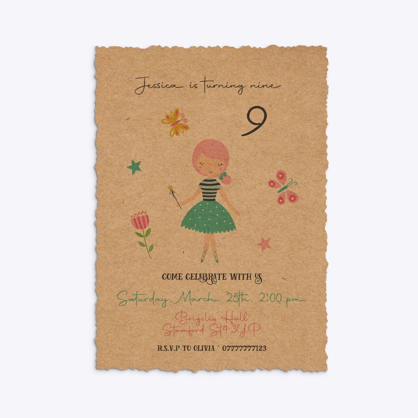 Girls Personalised Birthday Deckle Invitation Kraft