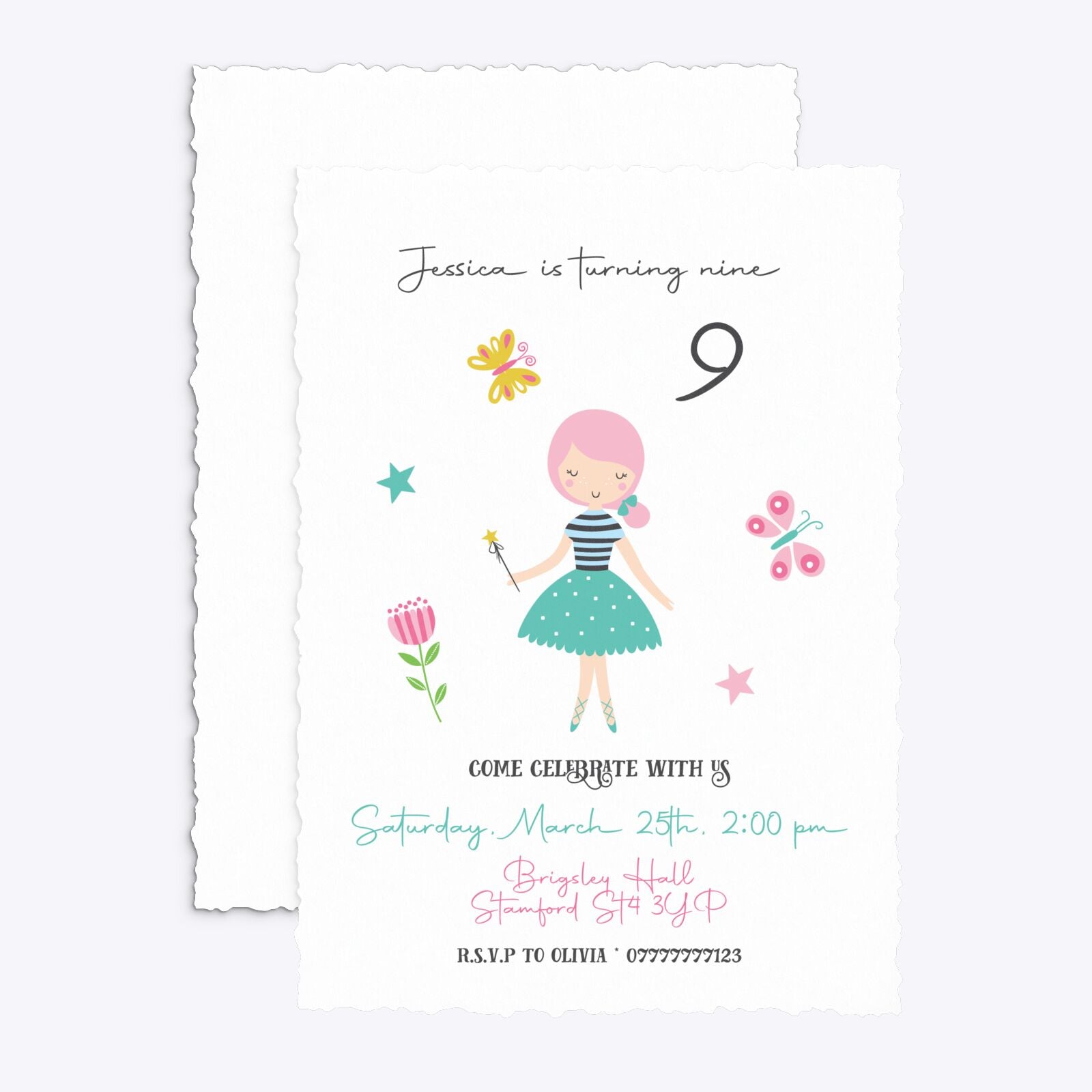 Girls Personalised Birthday Deckle Invitation Matte Paper Front and Back Image