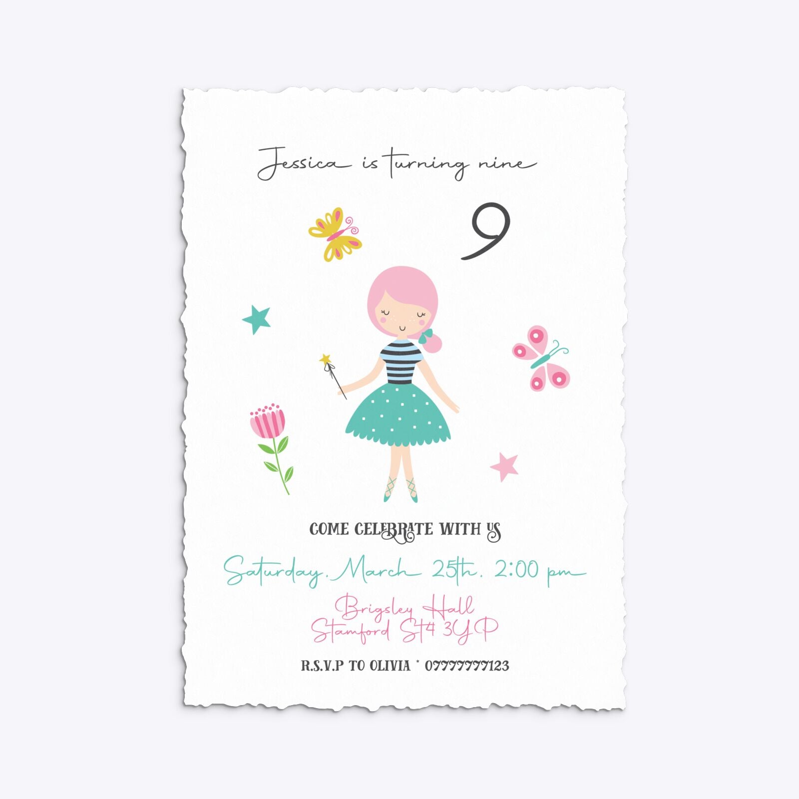 Girls Personalised Birthday Deckle Invitation Matte Paper