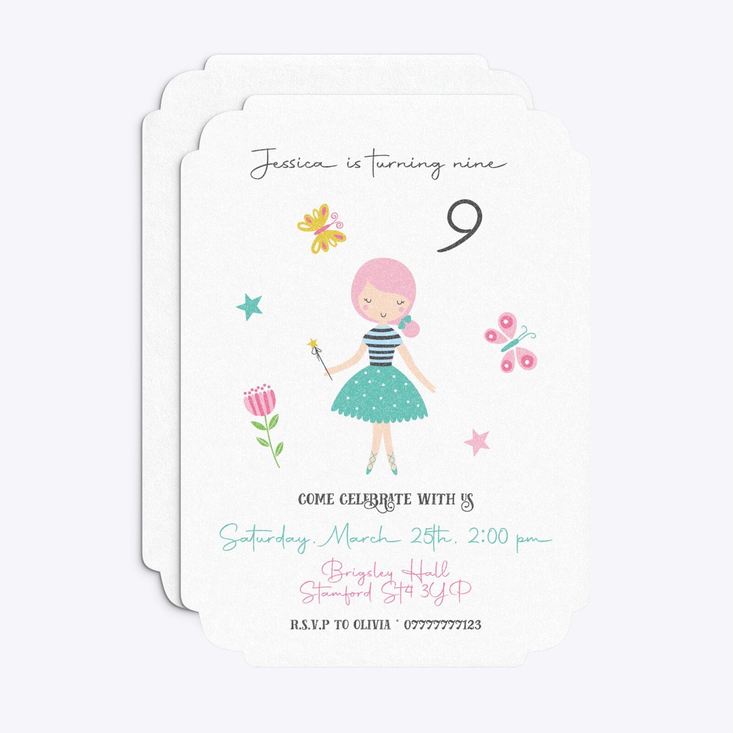 Girls Personalised Birthday Deco Invitation Glitter Front and Back Image