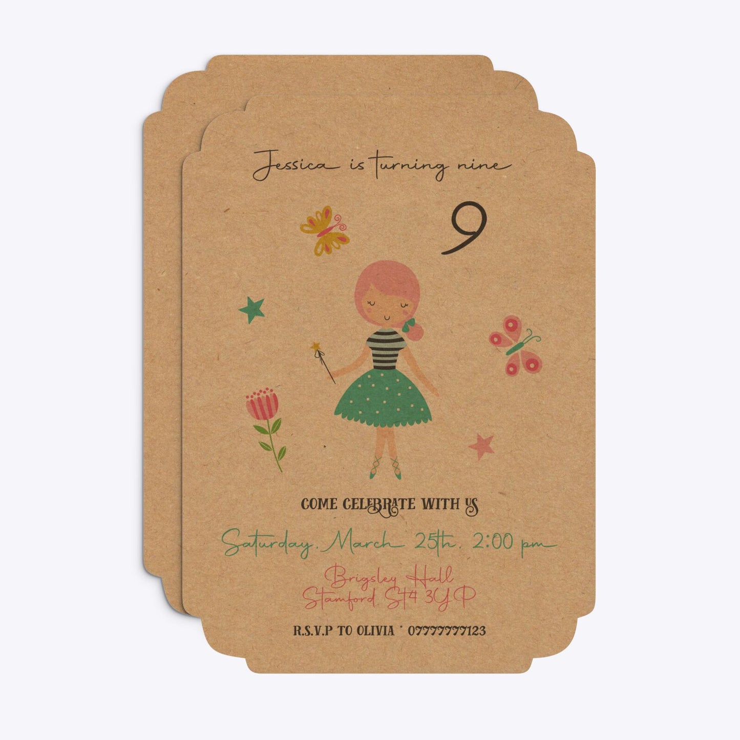 Girls Personalised Birthday Deco Invitation Kraft Front and Back Image