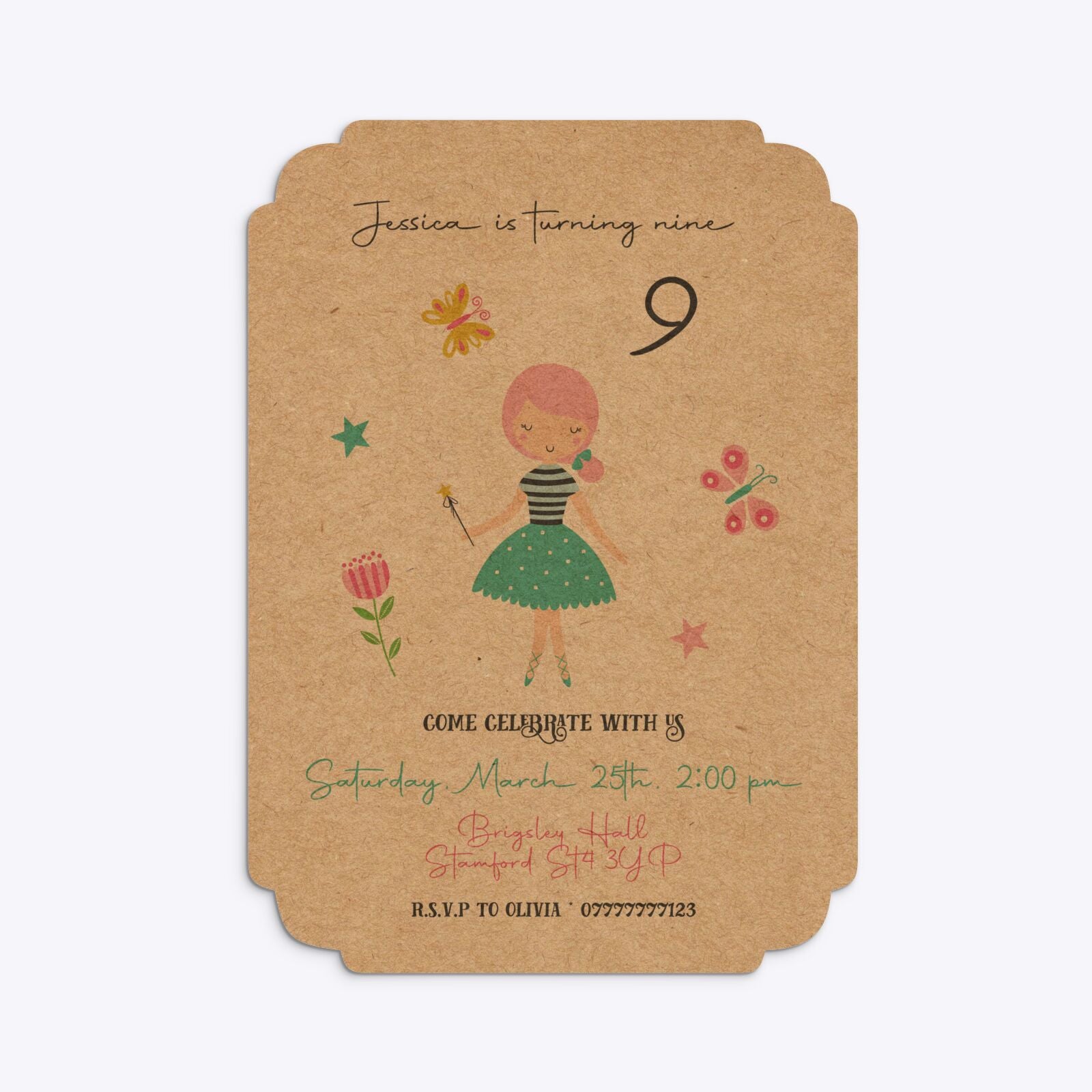 Girls Personalised Birthday Deco Invitation Kraft