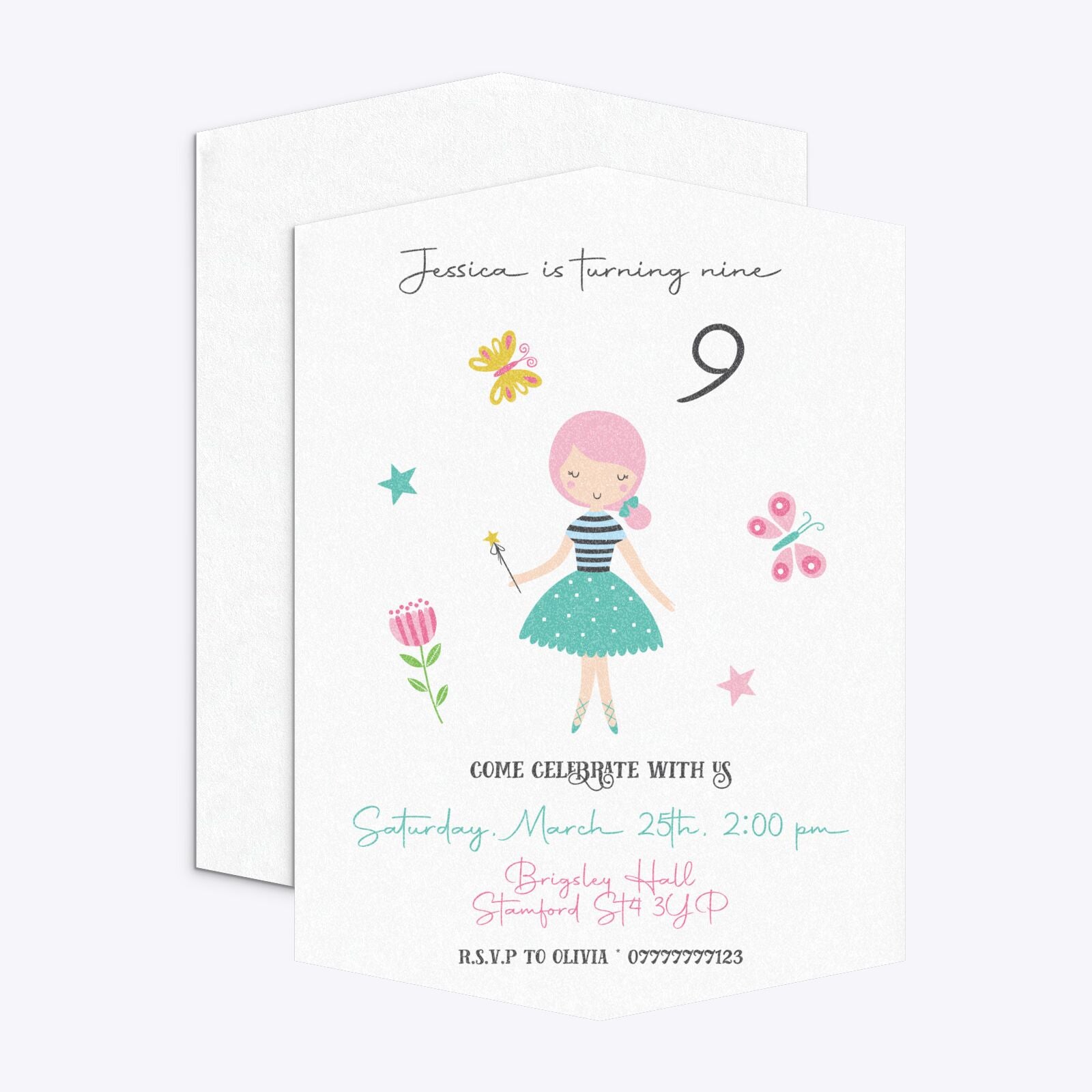 Girls Personalised Birthday Geo Invitation Glitter Front and Back Image