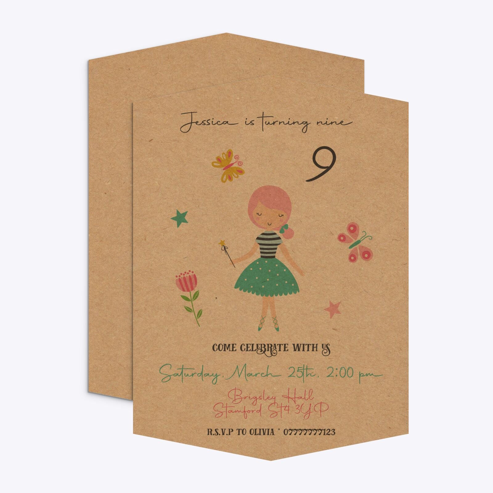 Girls Personalised Birthday Geo Invitation Kraft Front and Back Image