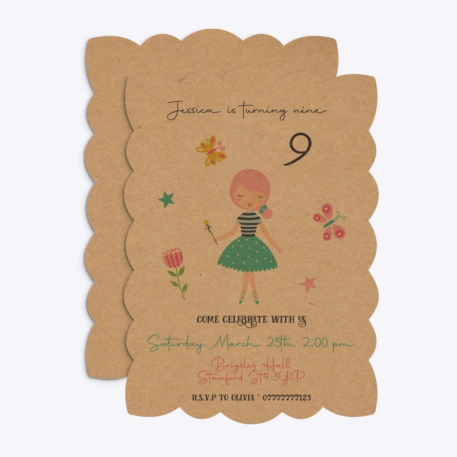 Girls Personalised Birthday Petal Invitation Kraft Front and Back Image